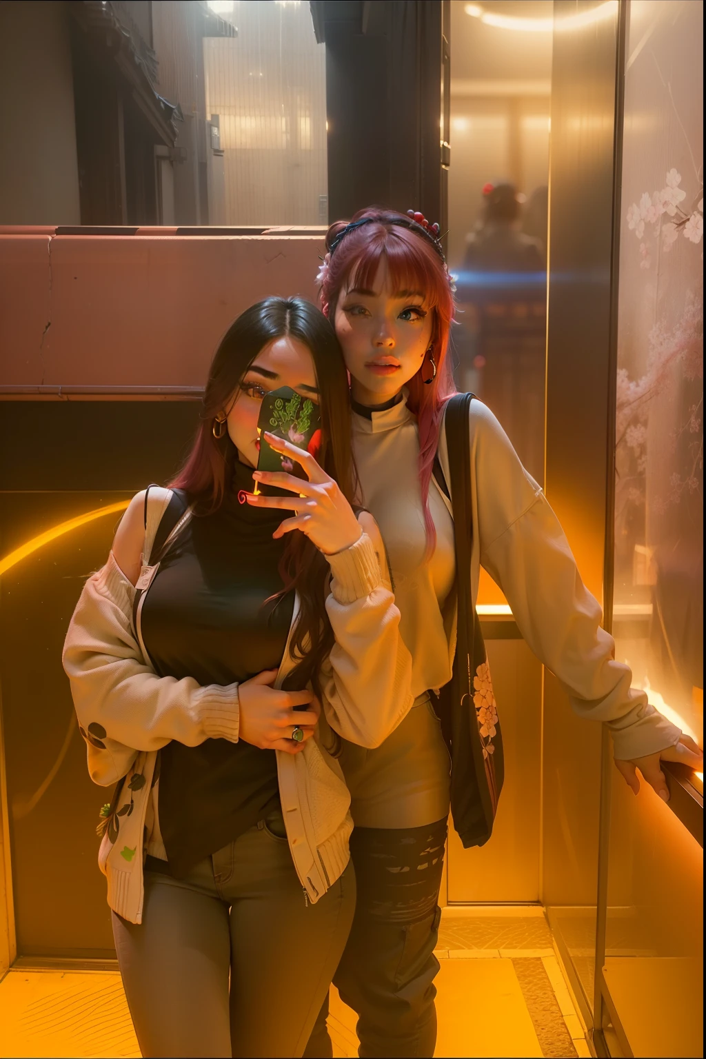 (Masterpiece, Excellent, 1girl, solo, complex details, color difference), realism, ((medium breath)), off-the-shoulders, big breasts, sexy, Yae Miko, long pink hair, red headdress, red highlight, hair above one eye, green eyes, earrings, sharp eyes, perfectly symmetrical figure, choker, neon shirt, open jacket, turtleneck sweater, against the wall, brick wall, graffiti, dim lighting, alley, looking at the audience, ((mean, seductive, charming)), ((cherry blossom background ))),((Japanese temple background)))), (((Glow-in-the-dark background)))