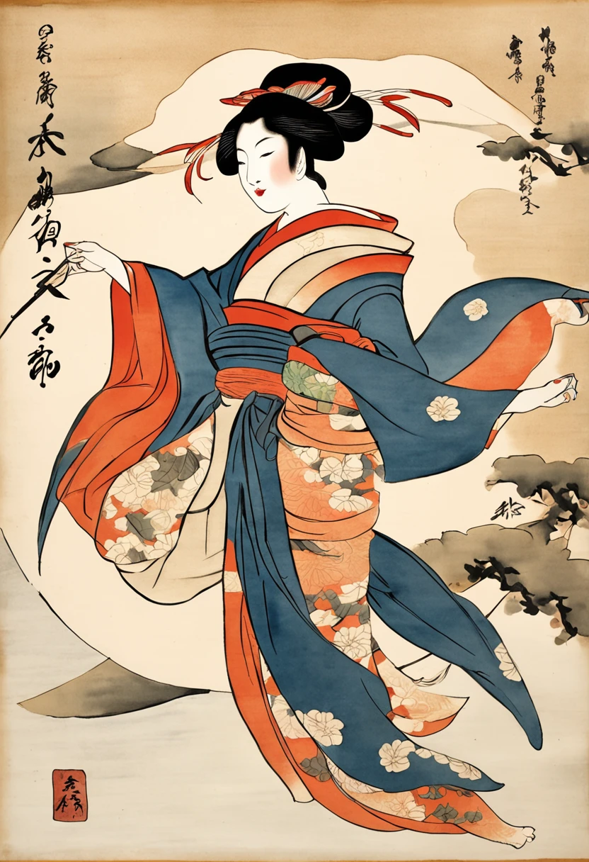 best quality, style of Kitagawa Utamaro, Ukiyo-e, a dancing woman, (floating koi fish), flying carp