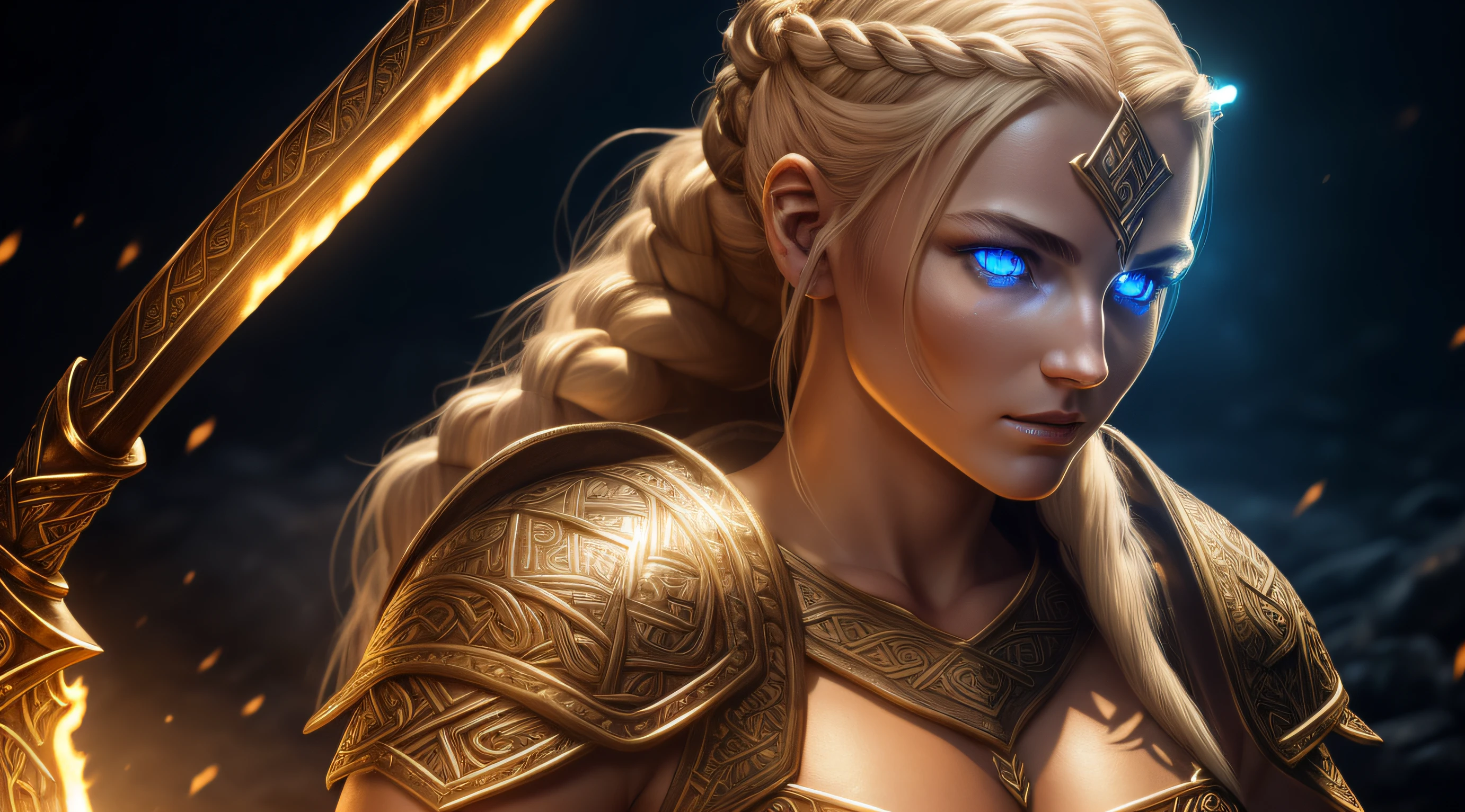 female viking with wolf pet,Glow, seductive, glowing blue eyes, fire, platinum blonde, (blonde:1.1), sexy, small chest, small breasts, highly detailed eyes, (ultra photorealistic:1.3), ((realistic)), ultra detailed, ((real image)), ((realistic skin)), ((realistic face)), (beautiful:1.05), (beautiful detailed eyes:1.50), (cinematic light:1.1), turquoise blue detaches, model pose, evil, divine, (glow:1.60), fire, Elemental, 1 braided ponytail, full body pose, (detailed glowing golden skimpy viking armor), realistic long Viking spear in hand, evil smirk, braided ponytail, glowing eyes, (illustration:1.05),wolf pack ,