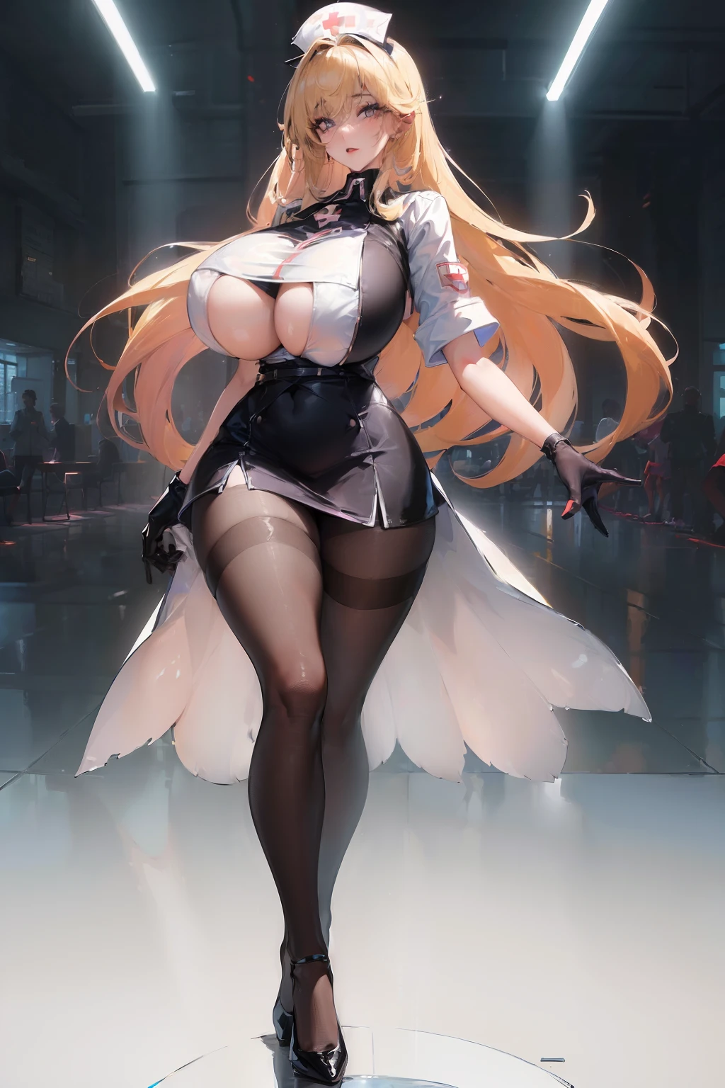 (full bodyesbian:2),(1girll:1.3),(view the viewer:1.4),(anatomy correct:1.4),(Opaque pantyhose and pointed heels :1.3),(Dancing at the bank:1.2),(Nurse high waisted skirt:1.2),(very long blonde hair:1.25),(Accurate and perfect face:1.3),(Long legs and big feet:1.3),(((huge tit))),((Skin reflection , gloss on the skin):1.2),hyper HD, Ray traching, reflective light, structurally correct, Award-Awarded, High detail, Fade-in and fade-out shadow contrast, Face lighting ,(((huge tit))),Cinematic lighting, Masterpiece, super detailing, High quality, High detail, Best quality, 16k,High contrast,(((huge tit))),
