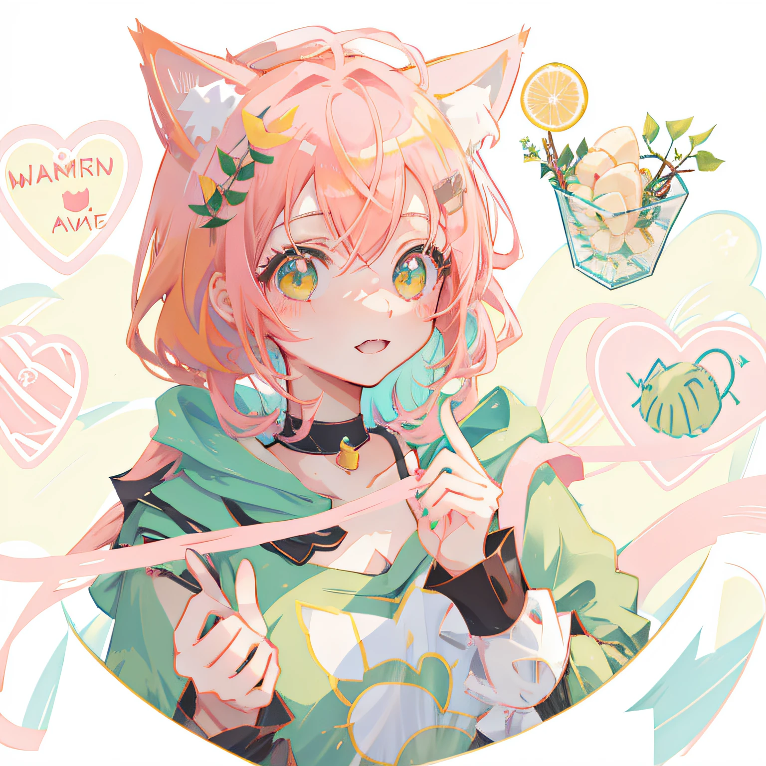 Anime girl with pink hair and green eyes make peace sign, cute anime catgirl, anime girl with cat ears, anime catgirl, nyaruko-san, Girl with cat ears, Anime moe art style, beautiful anime catgirl, with index finger, anime visual of a cute girl, Very beautiful anime cat girl, Cat woman, Cute!! tchibi!!! Cat woman