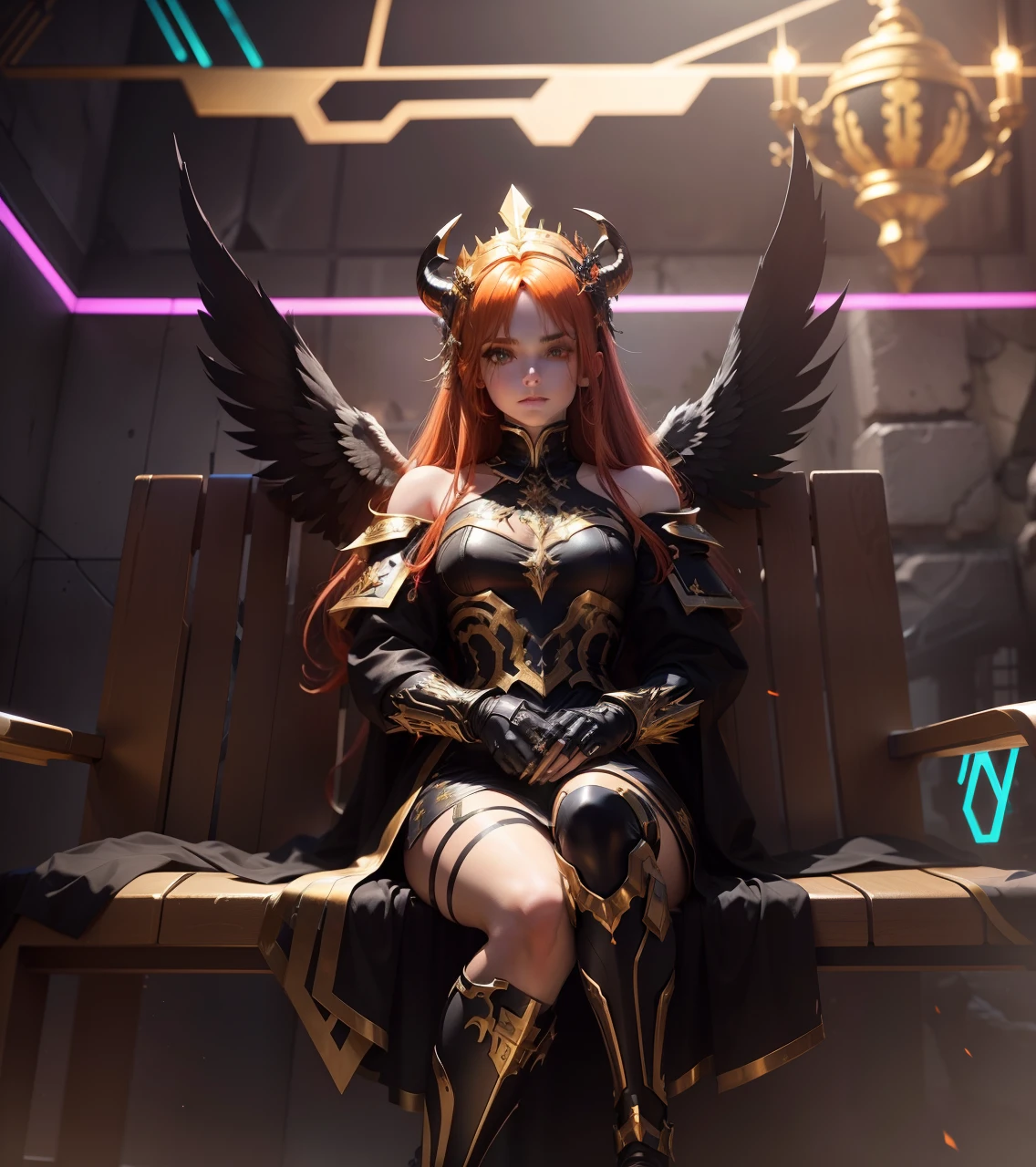 A demonic female angel sits on a bench wearing white and gold cyber armor with golden neon lights. His head is crowned with golden horns. Er hat rot-schwarze Augen, golden-red hair and big wings.