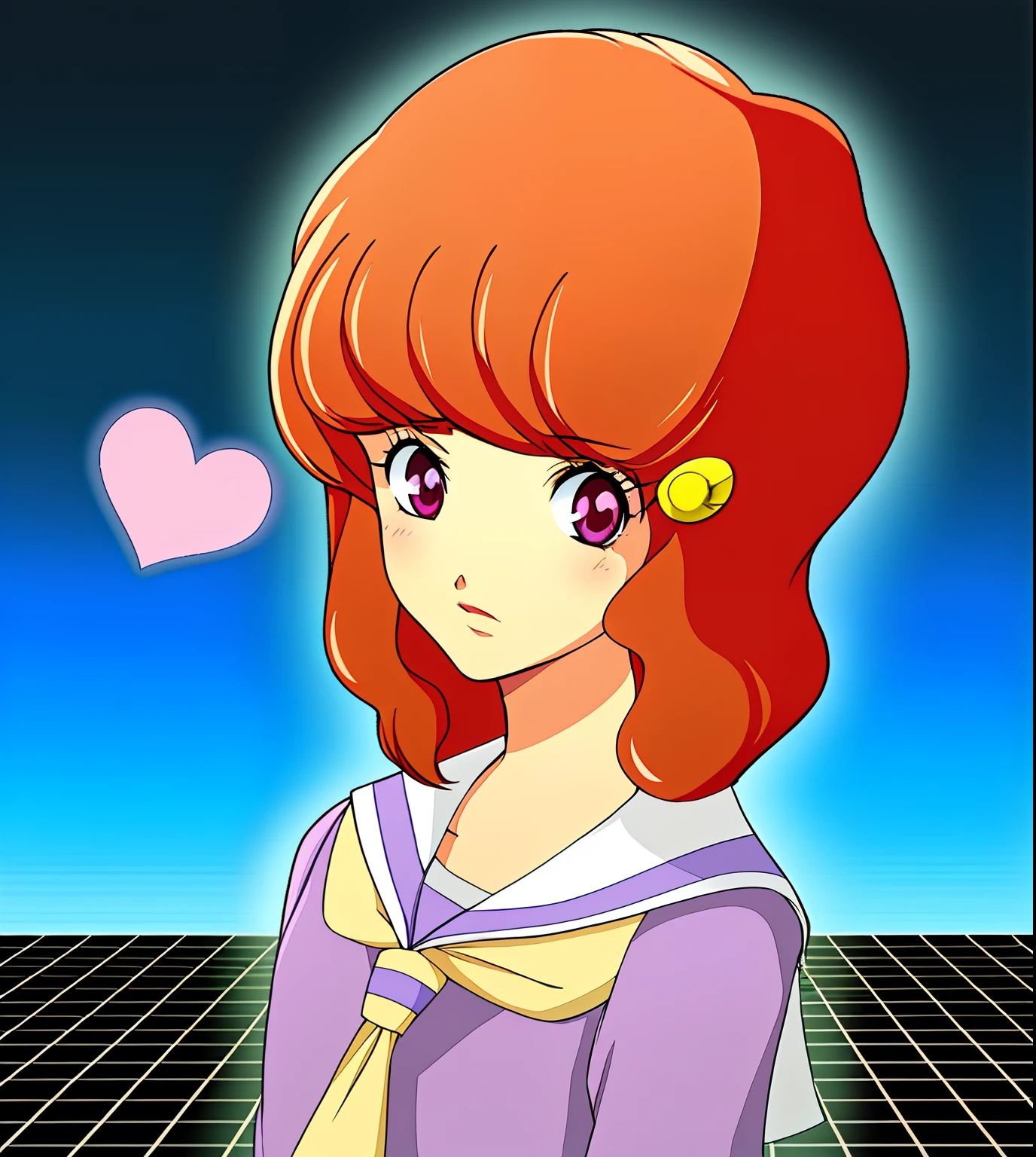 Sailor girl with red hair and heart in hair, retro anime girl, iwakura lain, in the art style of 8 0 s anime, classic shoujo, inspired by Matsumura Goshun, inspired by Takehisa Yumeji, 8 0 s anime art style, aya takano color style, :14 80s anime style