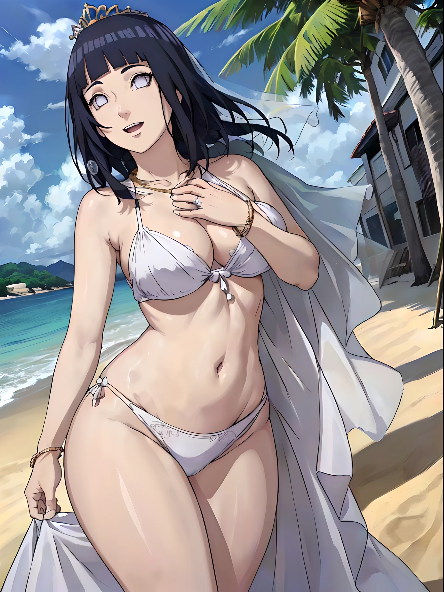 (WALLPAPER,  (hinata\(boruto\), masterpiece, 4k, whole body shot, contrast lighting, mature female, milf, (curvy:0.8), solo, anime style, sharp focus, professional artwork, intricate details, detailed beach background, colorful, vibrant colors, vivid colors, digital blending, ultra detailed body, ultra detail hair, ultra detail face, trending on pixiv, very hot colors, sunny day, outdoor, detailed bold arm lines, high color saturation, bold lines, bold drawing lines),
(standing, open mouth, kind smile, extremely happy, leaning to wall),
((dark blue hair color:1.1), wavy hair, ((short hair, hime cut)),
(perfect eyes, white sciera, white eyes, anime eyes, smoky eyeliner, eyeshadow)
(white skin, slender body, milf, navel, groin, flat belly, perfect face, perfect thighs),
(Thighs, legs, big breasts, perky boobs, off-shoulders, (flat belly, groin, detailed shoulders), 
(bare chest, bare shoulders, bare hands, bare legs), 
(all cloth is white, white dress, wedding veil, white flower wedding tiara, gold necklace)
