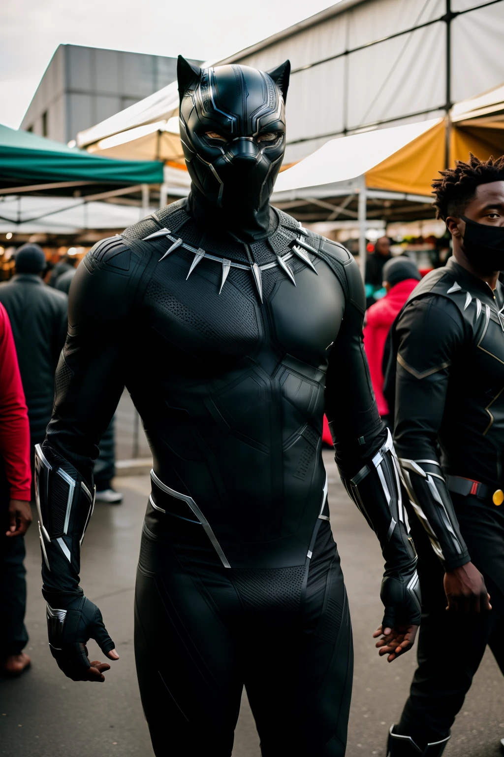 RAW photo, portrait of "black Panther" Humanoid creatures in clothes, at the market, fight with enemies, 8K UHD, Digital SLR, Soft lighting, High quality, filmgrain, Fujifilm XT3