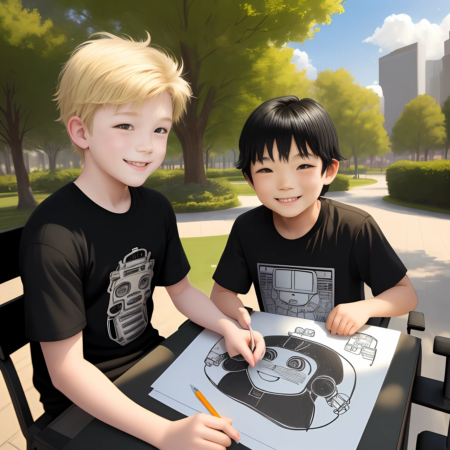 *********** man with black hair and blonde smiling as two people draw robot in park