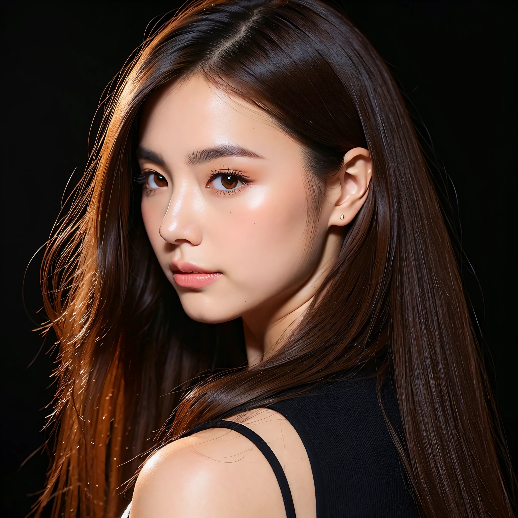 woman,moyou, solo, brown hair, brown eyes, looking at viewer, long hair, black background, simple background, upper body, lips, sleeveless, bangs, from side, shirt, nose, Beautiful Chinese Women, She has exquisite facial features and delicate skin, Rich and realistic skin texture