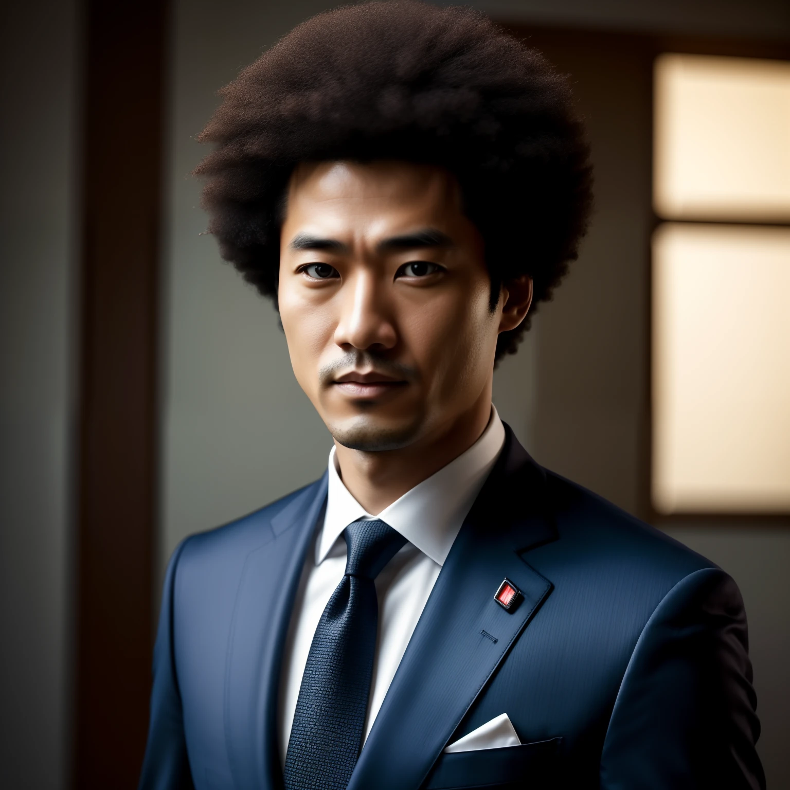 A Japanese man with a unique face with afro hair standing with 30 years in suit and tie, body and head straight in the photo, facing the viewer of the photo, eyes fixed to the lens, appears shoulders and head in the photo, man centered in the photo, 8k, best quality, masterpiece, realistic, realistic photo, movie photo, ultra realistic, 1 person, detailed, perfect lighting, DSRL, professional photo, 4k