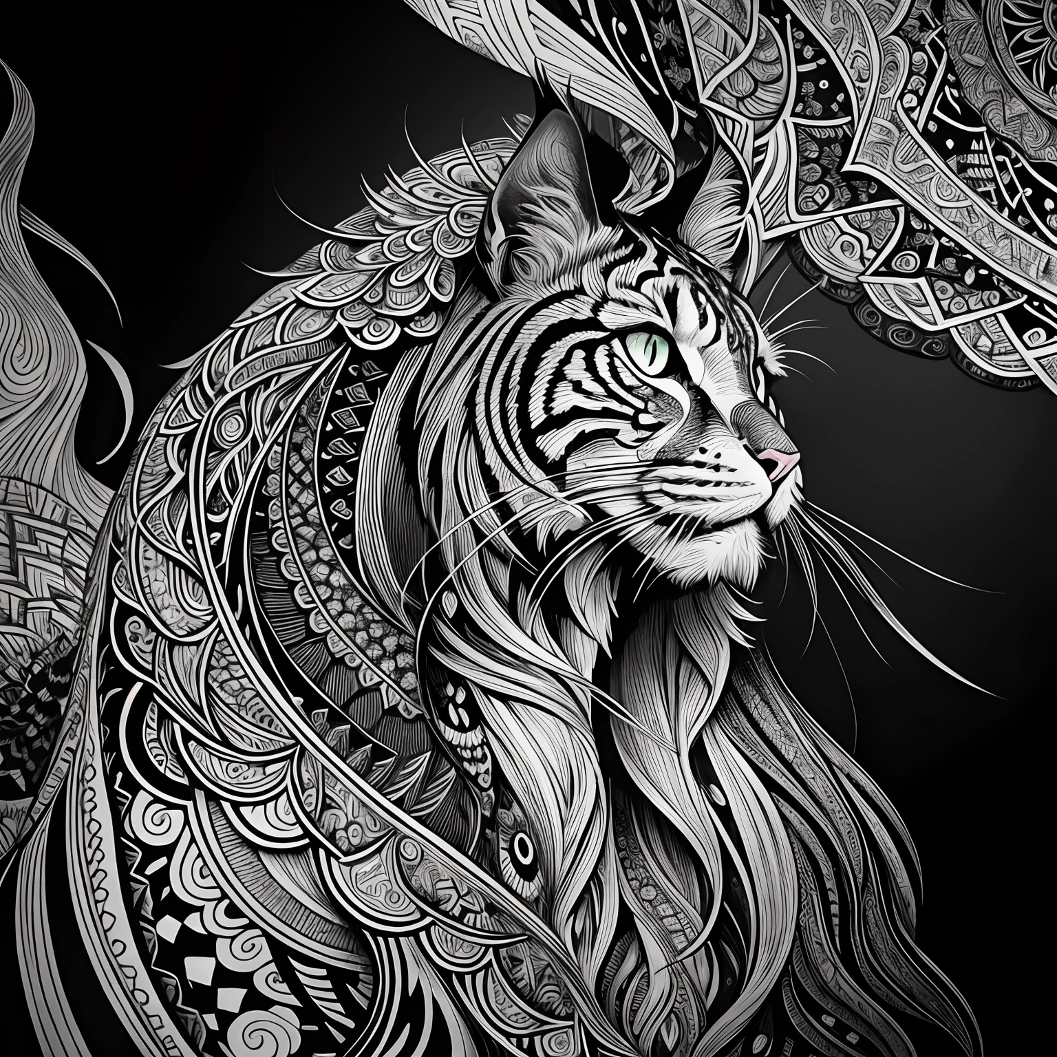 maincoon, black and white, zentangle (best quality) ultra-detailed, fine line drawing, fine line art, coloring book illustration style, intricate linework, highly detailed illustration, perfect composition, beautiful and stunning, dynamic angle, high contrast, incredible shading, incredible detail, unique style, black and white details, (dark and mystical atmosphere), intricate and detailed nature elements.