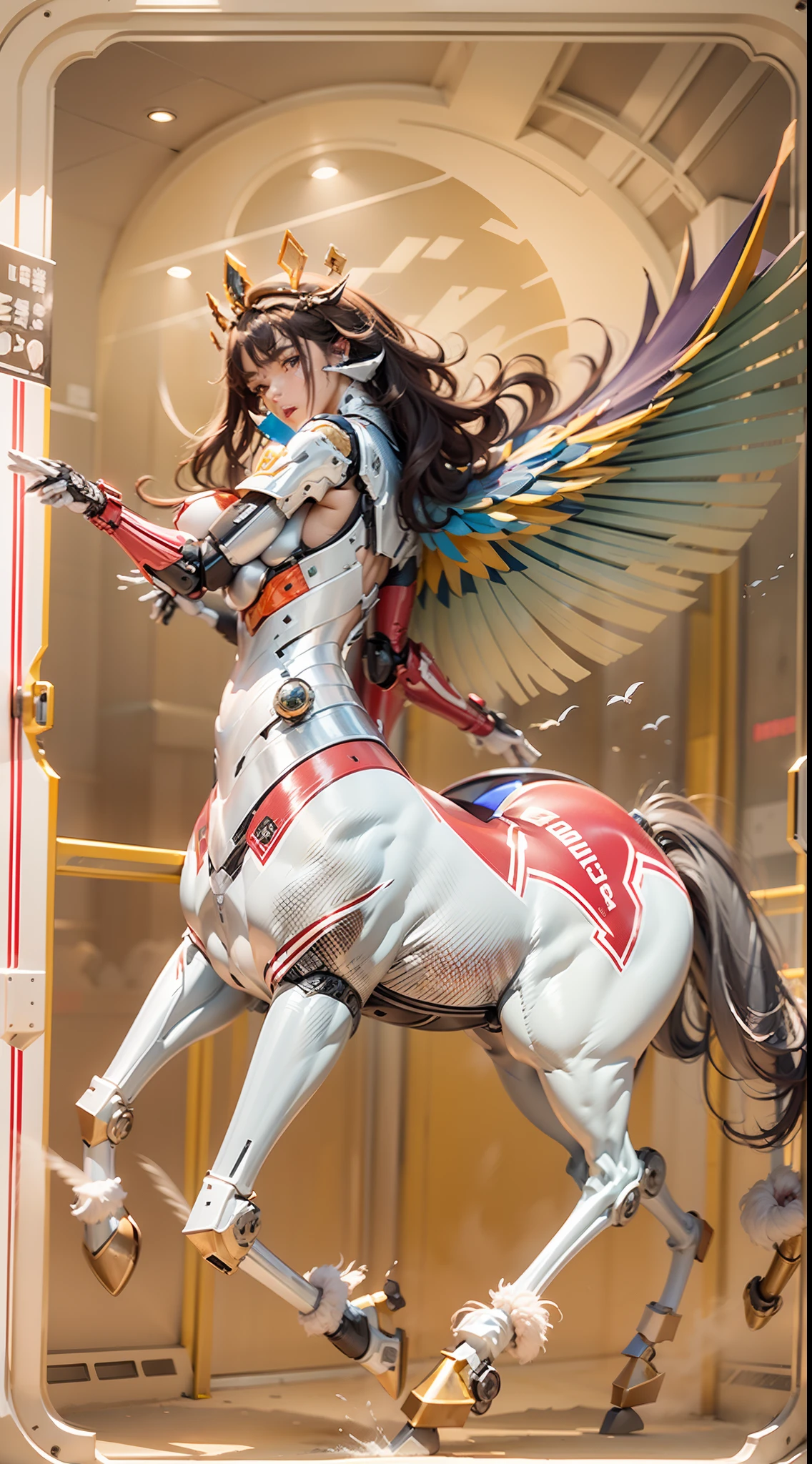 A female centaur,She is famous in the multiverse,She is both a female centaur, half human, half horse, half horse,It is also a female Yingzhao。She blends both images,The first is:((The head of the horse/neck/Shoulder these parts,Replaced with a beautiful female human upper body):9.9),of females are half-centaurs, half-horses, half-humans,The second is:((The head of the horse/neck/lower back/hason/gluteal/Shijo Thigh Female Embodiment):9.9),'s((Female half-horse with beautiful woman's):9.9,Chimer):9.9),(It's like a female human wearing a half-horse-like costume and making a seamless chimera:9.9),This chimerization is based on powerful futuristic technology。The ultra-wide-angle lens captures the image of her beautiful and ethereal wings on the ionosphere launching a super-high-speed charge and leaping。Her front half is distinctly feminine,Tall sexy body,possessed(K cup giant coconut tit chest:9.9),It has a small man's waist butterfly straddling(Long legs:9.9),The embedded interface of the half-horse part of the bent feminine state of the back half of the body is in the hip position。(The horse-shaped, half-horse torso form of her back body is completely female humanization9.9)。The chest cavity of a woman in the shape of a bent dog style embedded in the lower back position of the beautiful woman's body starting from the upper part of the sternum/lower back/Ventral transverse。Then there are the sexy beauty's upright hips,(Her entire body has been completely female and replaced by a female body:9.9),Including the half-horse part。Mechanized armor covers the legs with knee-shaped anti-joints and feet,And these parts are highly anthropomorphic,This makes her legs graceful and slender,Her four horse legs exploded in length proportions and was slender and toned,Under the legs are skinny white feet dressed in Skyscraper Heels,Use Midjourney's advanced stroke tools and color palettes, as well as texture packs, model packs, and texture tools,Concentration,Include all parts of her