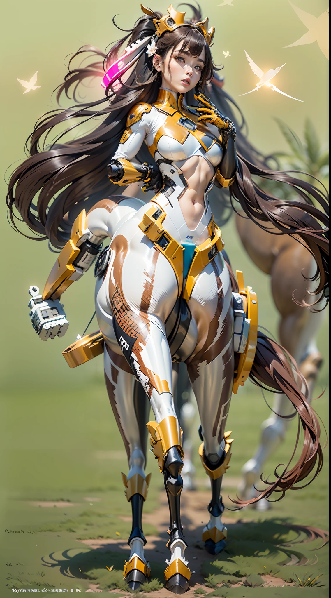 A female centaur，She is famous in the multiverse，She is both a female centaur, half human, half horse, half horse，It is also a female Yingzhao。She blends both images，The first is：（（The head of the horse/neck/Shoulder these parts，Replaced with a beautiful female human upper body）：9.9），of females are half-centaurs, half-horses, half-humans，The second is：（（The head of the horse/neck/lower back/hason/gluteal/Shijo Thigh Female Embodiment）：9.9），'s（（Female half-horse with beautiful woman's）：9.9，Chimer）：9.9），（It's like a female human wearing a half-horse-like costume and making a seamless chimera：9.9），This chimerization is based on powerful futuristic technology。The ultra-wide-angle lens captures the image of her beautiful and ethereal wings on the ionosphere launching a super-high-speed charge and leaping。Her front half is distinctly feminine，Tall sexy body，possessed（K cup giant coconut tit chest：9.9），It has a small man's waist butterfly straddling（Long legs：9.9），The embedded interface of the half-horse part of the bent feminine state of the back half of the body is in the hip position。（The horse-shaped, half-horse torso form of her back body is completely female humanization9.9）。The chest cavity of a woman in the shape of a bent dog style embedded in the lower back position of the beautiful woman's body starting from the upper part of the sternum/lower back/Ventral transverse。Then there are the sexy beauty's upright hips，（Her entire body has been completely female and replaced by a female body：9.9），Including the half-horse part。Mechanized armor covers the legs with knee-shaped anti-joints and feet，And these parts are highly anthropomorphic，This makes her legs graceful and slender，Her four horse legs exploded in length proportions and was slender and toned，Under the legs are skinny white feet dressed in Skyscraper Heels，Use Midjourney's advanced stroke tools and color palettes, as well as texture packs, model packs, and texture tools，Concentration，Include all parts of her