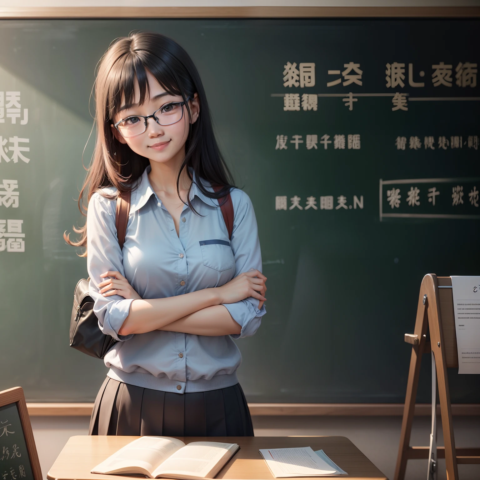Photo written by people、30-year-old female、Asian、eye glass、Gentle eye set、Stand in front of the blackboard in the school classroom、Language teacher with a smile on his face