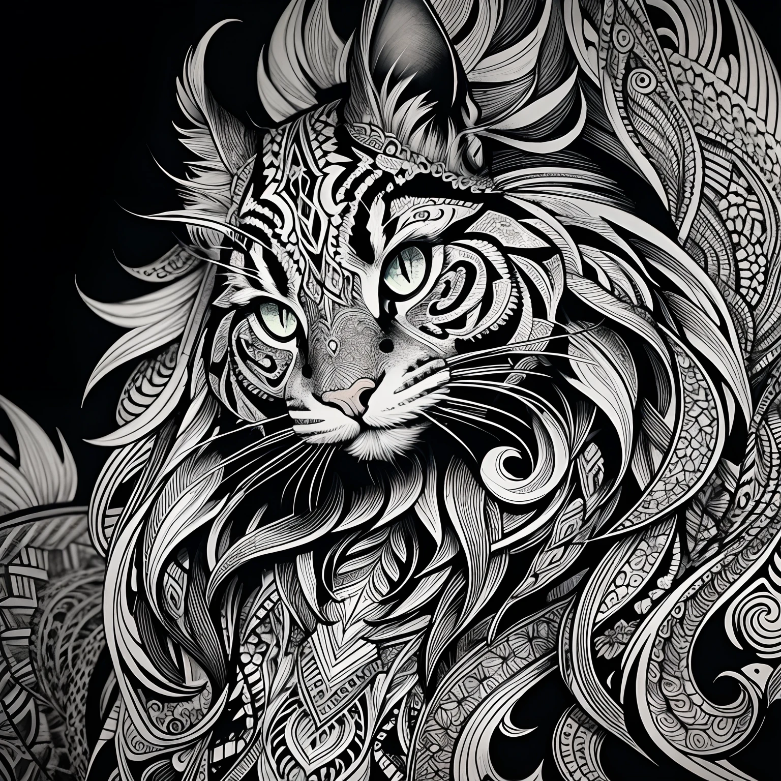 maincoon, black and white, zentangle (best quality) ultra-detailed, fine line drawing, fine line art, coloring book illustration style, intricate linework, highly detailed illustration, perfect composition, beautiful and stunning, dynamic angle, high contrast, incredible shading, incredible detail, unique style, black and white details, (dark and mystical atmosphere), intricate and detailed nature elements.