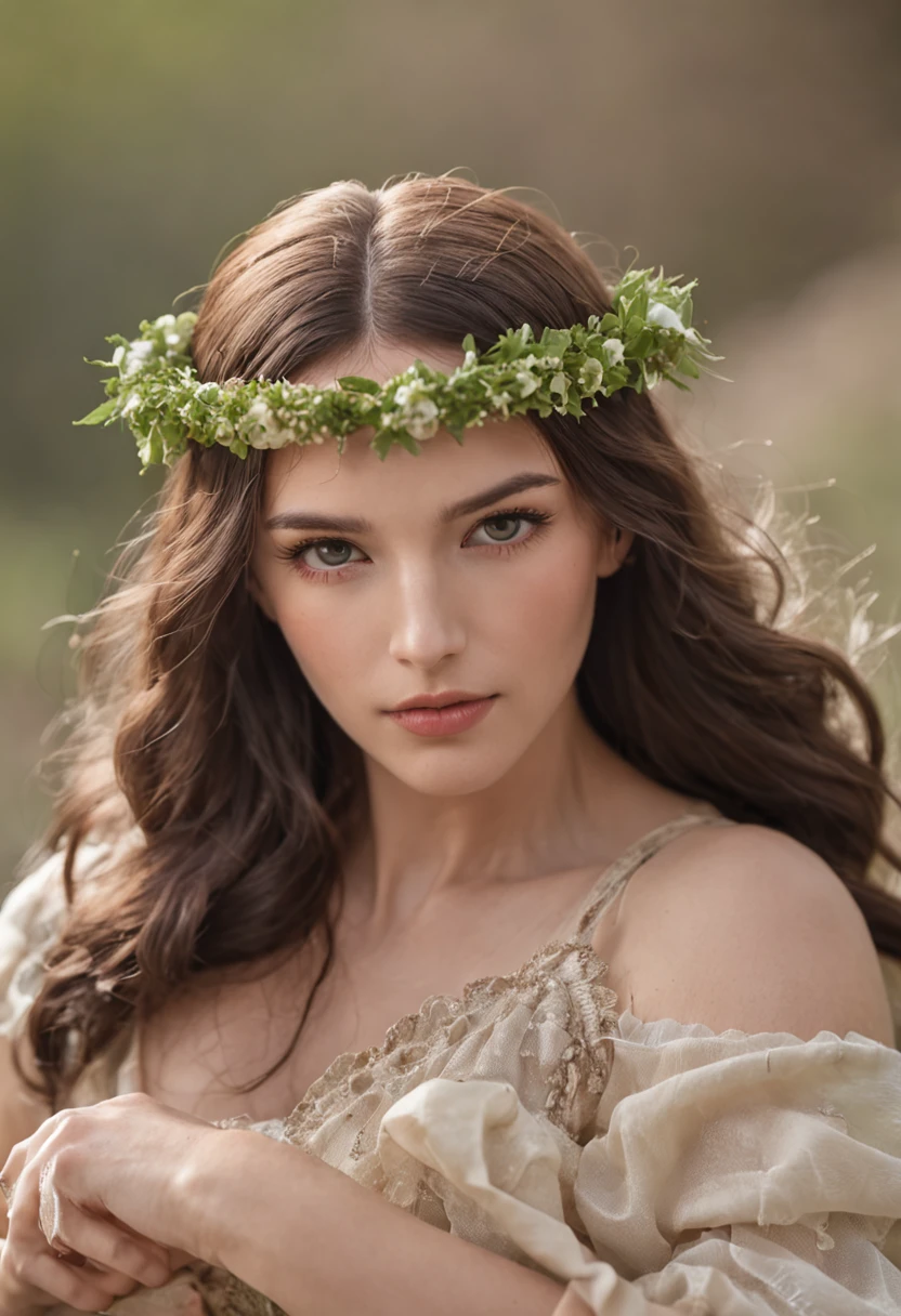 A woman wearing a green bikini with a flower
In her hair，with a crown on her head,
1girll, Solo, Long hair, Breasts,
Looking_at viewer, brunette color hair,
Hair_decorations, navel, jewelry,
mediuml breasts, standing, swimsuit,
flower, Bikini, cow boy shot, hair flower,
dark-skin, Lips, Nature, forest, Realistic