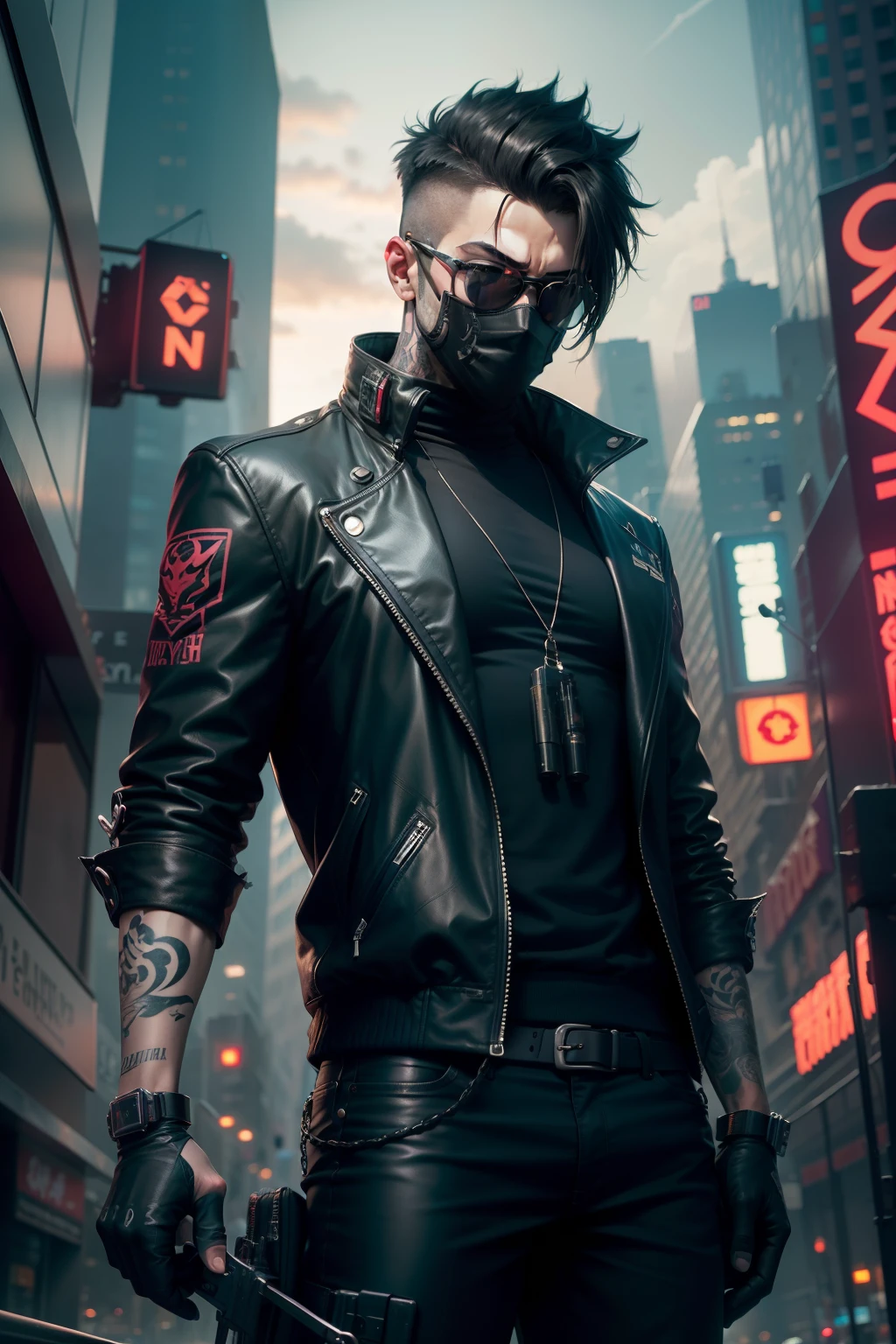 Low Angle Cyberpunk,animesque,Male number,newyork,manhattan,Fifth Avenue,black masks,Black clothe,Hikaru Sunglasses,Night city,Above the chest,Tattoo on the neck,japanes,Logo on mask