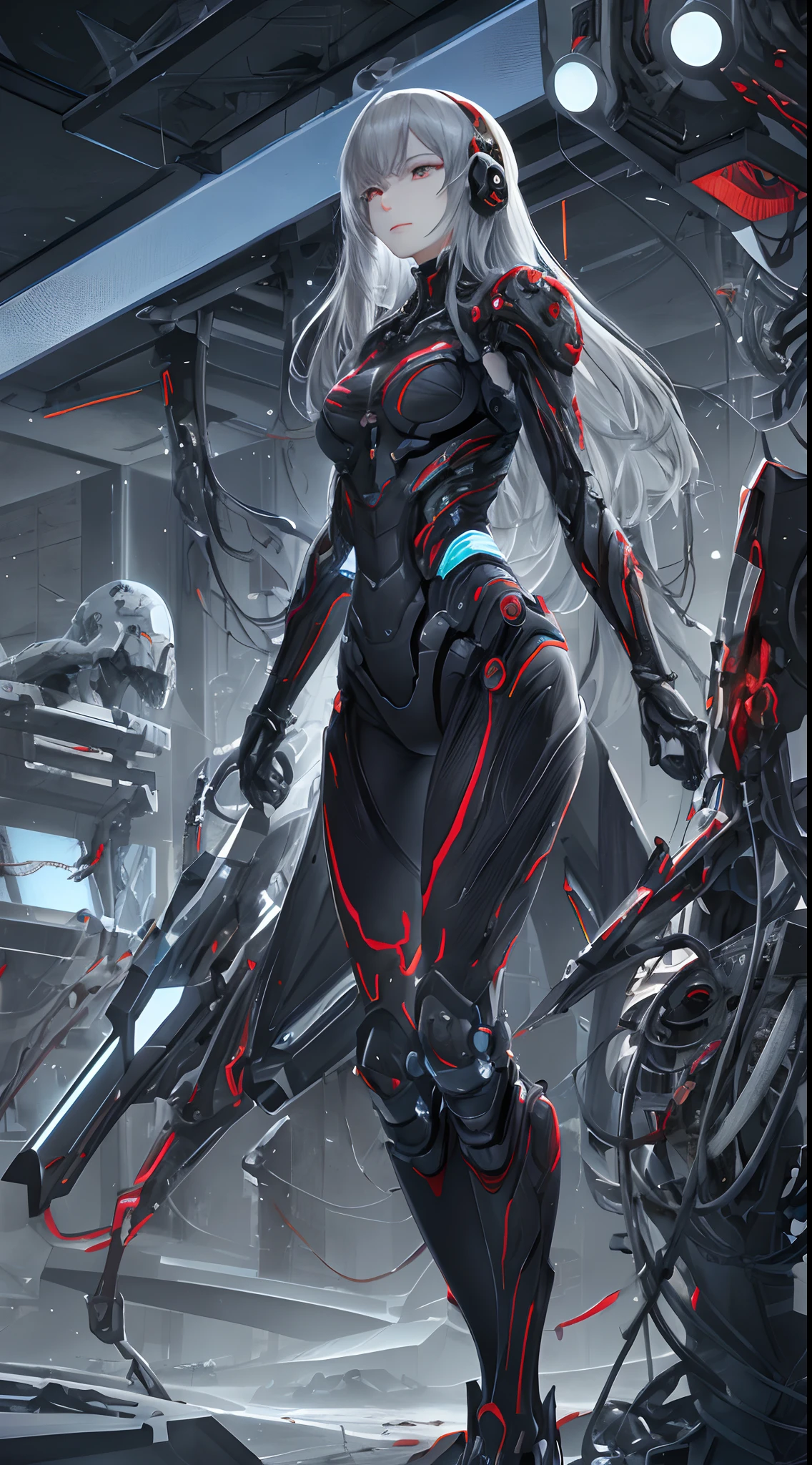 1 girl, Shalltear Bloodfallen,(Overload),((huge breasts 1.5)),silver hair,  Shining crimson eyes,absurd, brainwashing,empty eyes, mind control device,((No expression,erasure of emotions)), (black nano suit) , full body figure,(standing in メカnical box:1.5),  (highest quality、4k、8K、High resolution、must have:1.2)、Super detailed、(reality、reality的なです、reality的な:1.37)、ticker、hyper hd、studio lighting、ultra definition paint、sharp focus、Physically based rendering、extreme details、Professional specifications、vibrancy and color、blurry、sports portrait、landscape、horror style、anime big breasts、SF、photograph、concept artist、five fingers, perfect body,  {{{masterpiece}}}, {{{highest quality}}}, {{Super detailed}}, {shape}, {{very delicate and beautiful}},Improved cost performance、all roles、Canon 5D MK4でphotograph、photograph, 