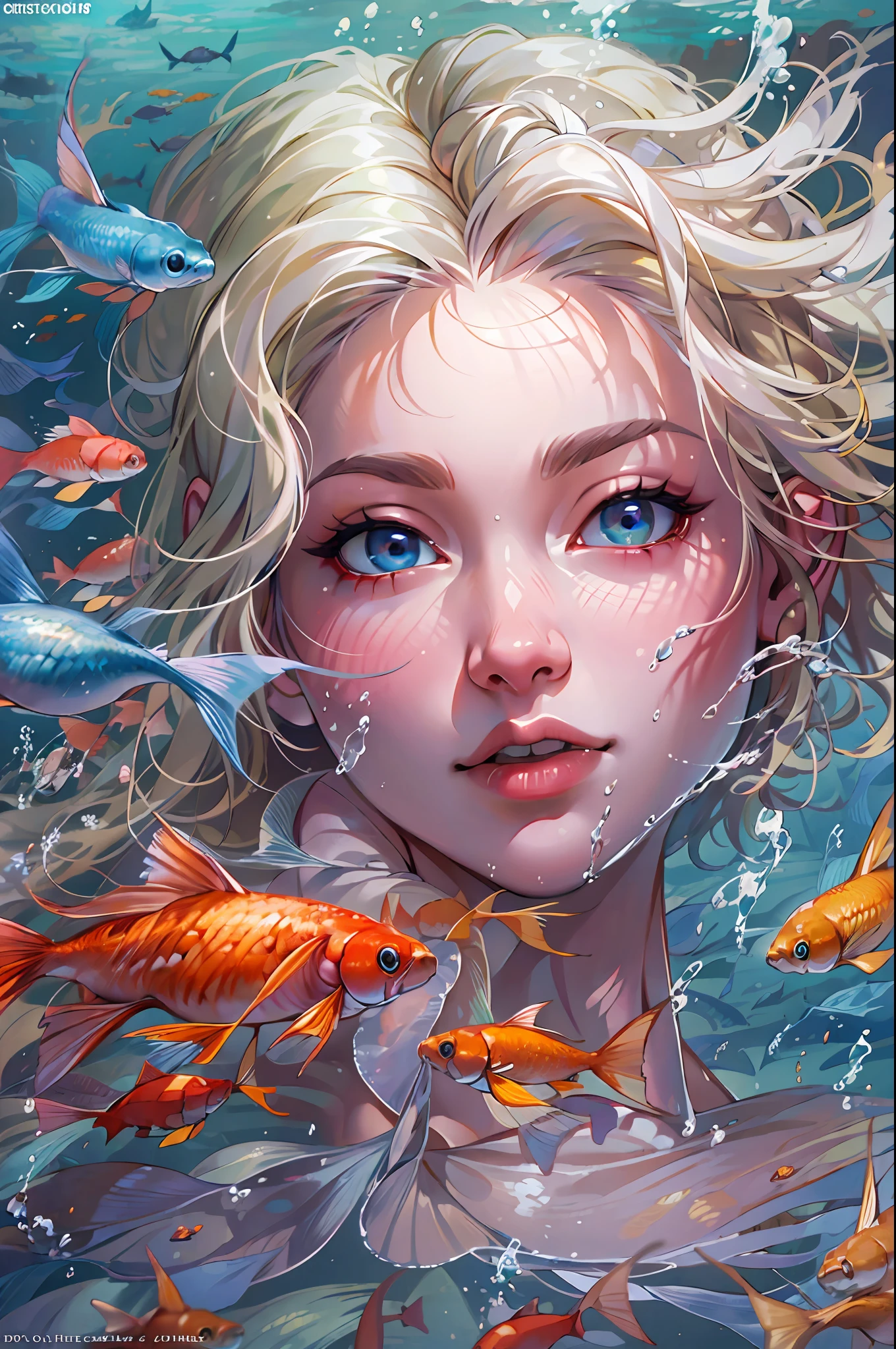 high details, best quality, 16k, RAW, [best detailed], masterpiece, best quality, (extremely detailed), full body, ultra wide shot, photorealistic, fantasy art, RPG art, D&D art, a picture of a mermaid swimming with koi fish under the sea, exqisite beautiful mermaid, ultra feminine (best details, Masterpiece, best quality), ultra detailed face (best details, Masterpiece, best quality), blond hair, pixie cut, blue eyes, white scales, undersea life, a [[flock of koi fish]] swimming (best details, Masterpiece, best quality) undersea background depths-fc, dim sun light from above High Detail, Ultra High Quality, High Resolution, 16K Resolution, Ultra HD Pictures, 3D rendering Ultra Realistic, Clear Details, Realistic Detail, Ultra High Definition
