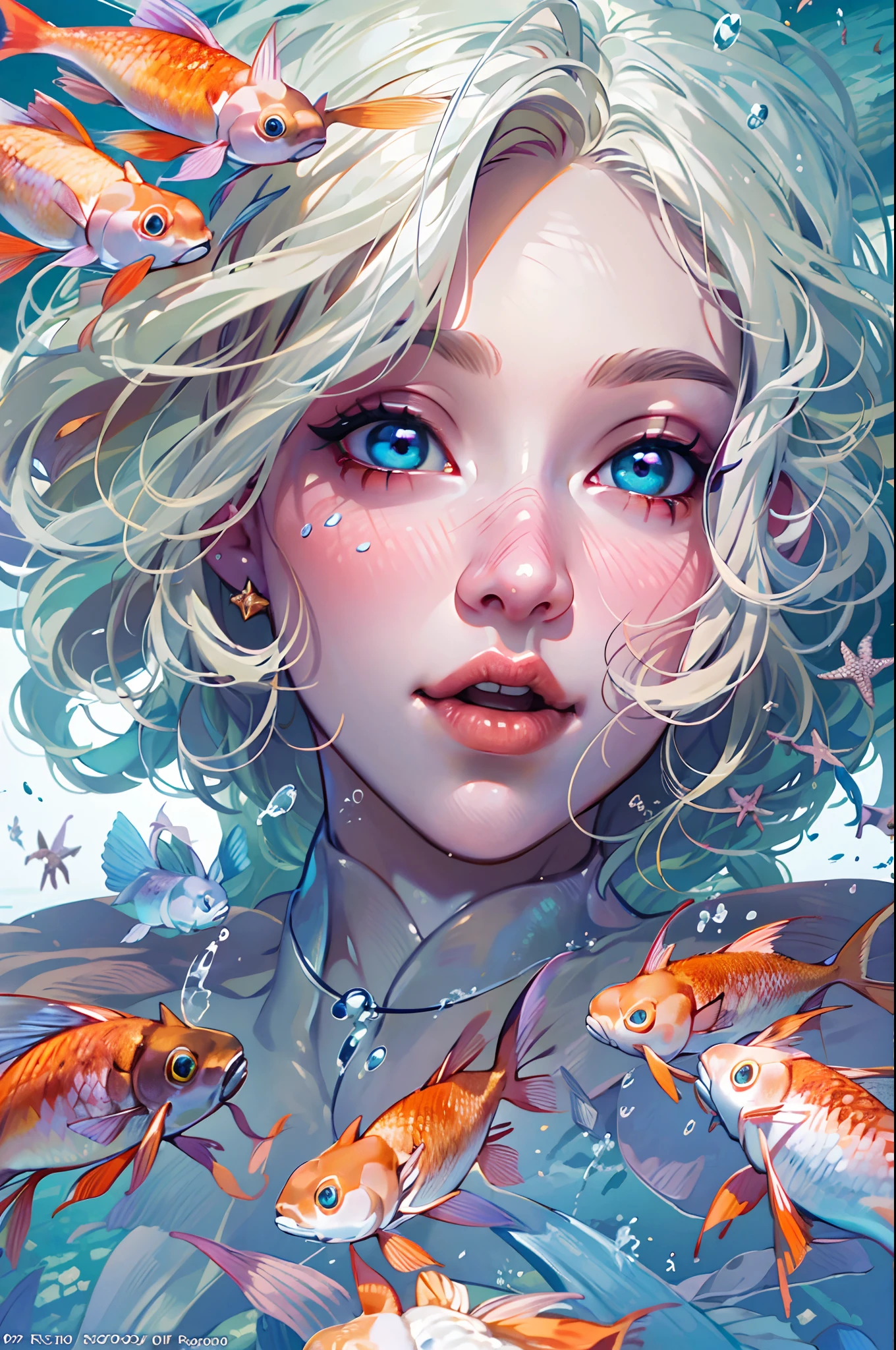 high details, best quality, 16k, RAW, [best detailed], masterpiece, best quality, (extremely detailed), full body, ultra wide shot, photorealistic, fantasy art, RPG art, D&D art, a picture of a mermaid swimming with koi fish under the sea, exqisite beautiful mermaid, ultra feminine (best details, Masterpiece, best quality), ultra detailed face (best details, Masterpiece, best quality), blond hair, pixie cut, blue eyes, white scales, undersea life, a [[flock of koi fish]] swimming (best details, Masterpiece, best quality) undersea background depths-fc, dim sun light from above High Detail, Ultra High Quality, High Resolution, 16K Resolution, Ultra HD Pictures, 3D rendering Ultra Realistic, Clear Details, Realistic Detail, Ultra High Definition