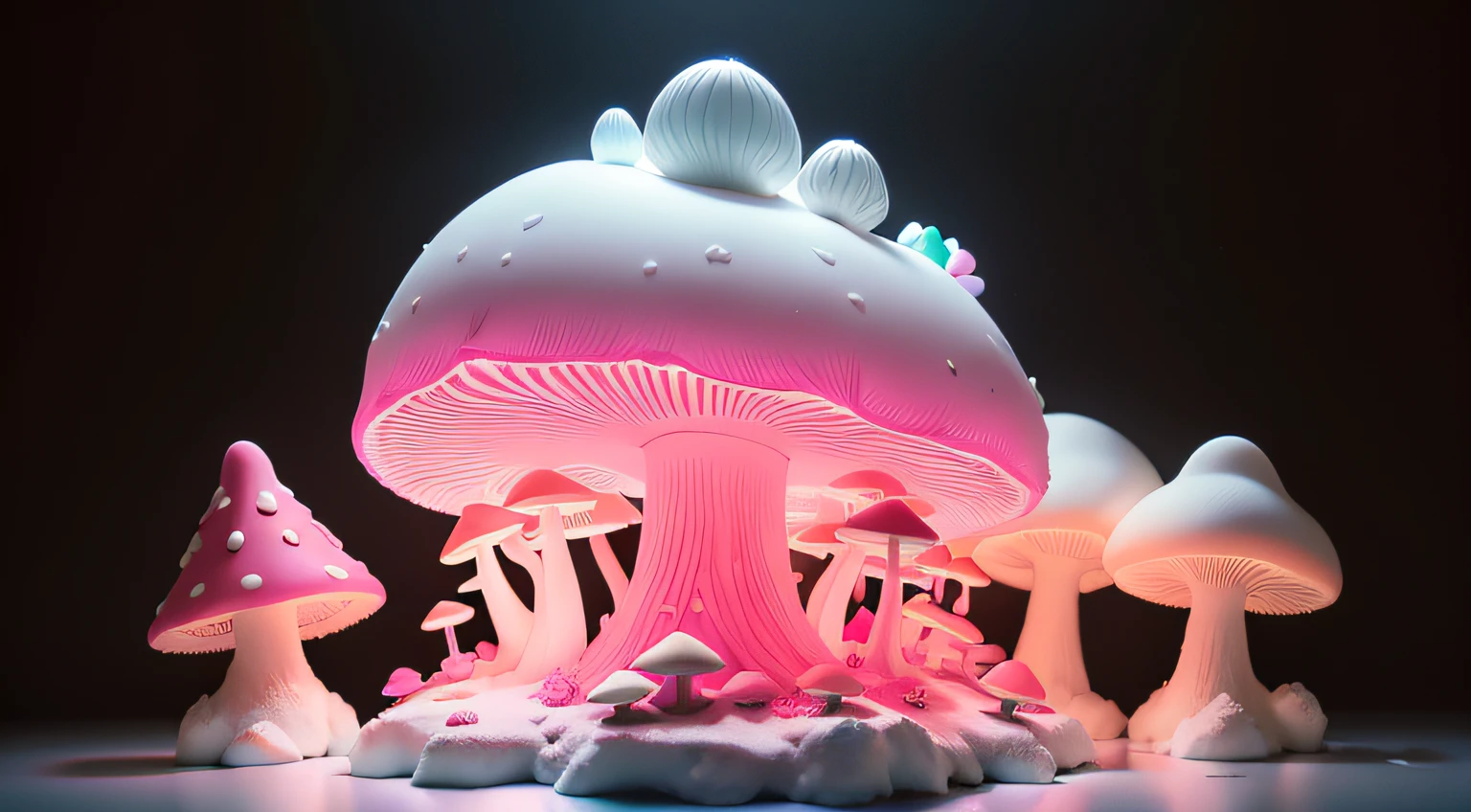 Maquete. mushrooms neon pink. Maquete. mushrooms neon. Neve branca. Maquete. neon. cotton. Agua. Cachoeira. Iceberg. Conchas do mar. Estrela do mar.