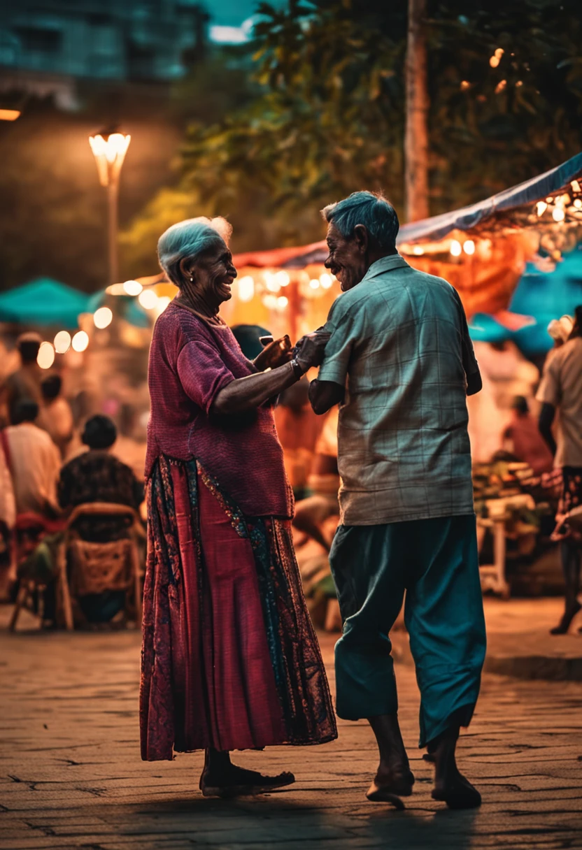 early evening，Several elderly people danced beautifully in the square，One of them was holding a mobile phone and playing cheerful music，Fruit vendors in the background。