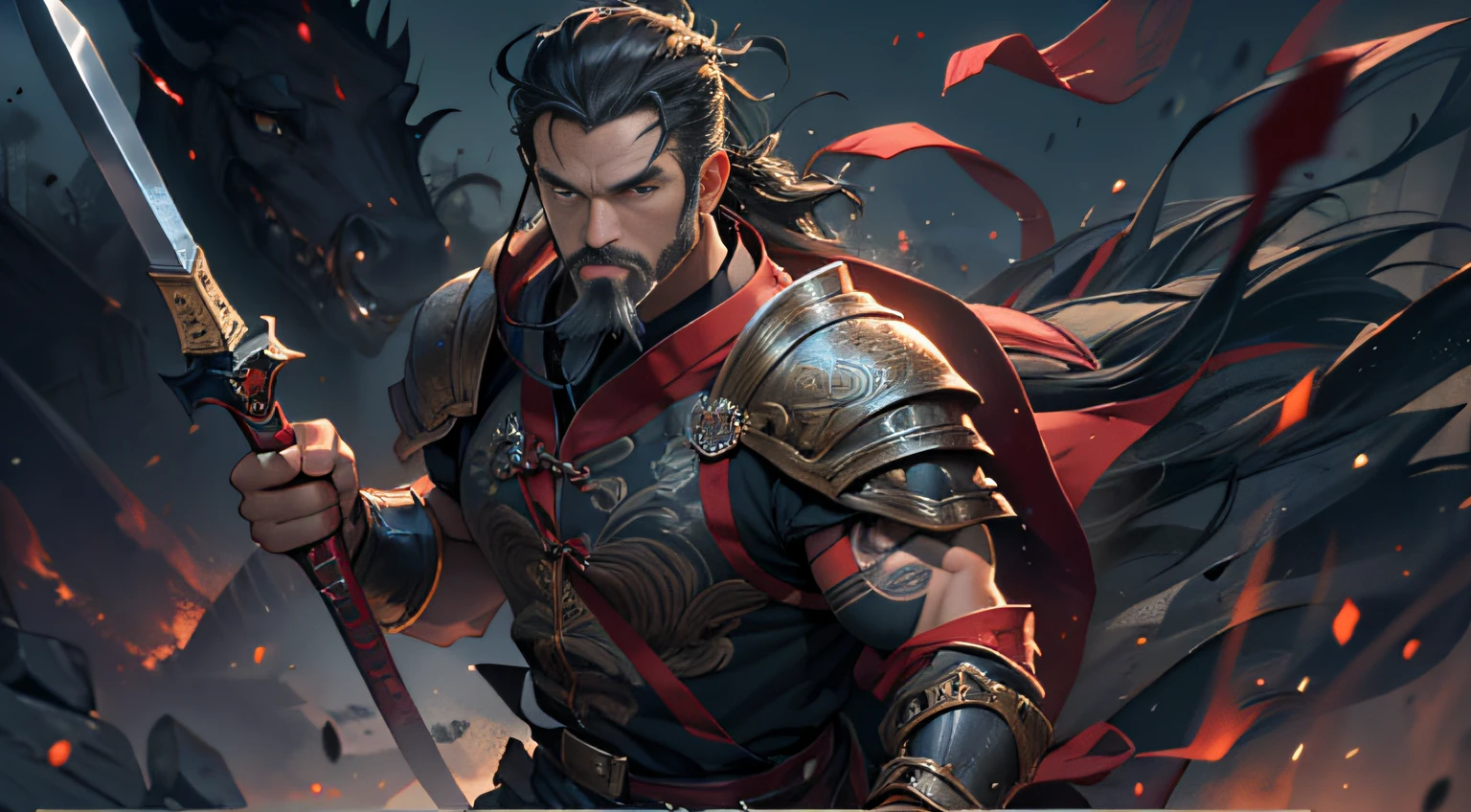 (4k,   best quality, highres:1.1), (masterpiece:1.1),   man, (Chinese male:1.2), middle-aged, warrior, detailed eyes, facial hair, muscular, strong, brave, courageous, powerful, honorable, disciplined, confident, looking at viewer,
face, bracer, helmet, armor, holding weapon, riding, horse, black, red,
