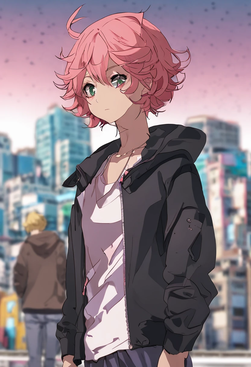 animemanga girl,Short hair and black jacket looking to the side, honest, Shinkai sincerely, She has short pink curly hair, Shinkai Makoto style, New Xiangcheng, kentaro, tomohiro shimoguchi,k hd