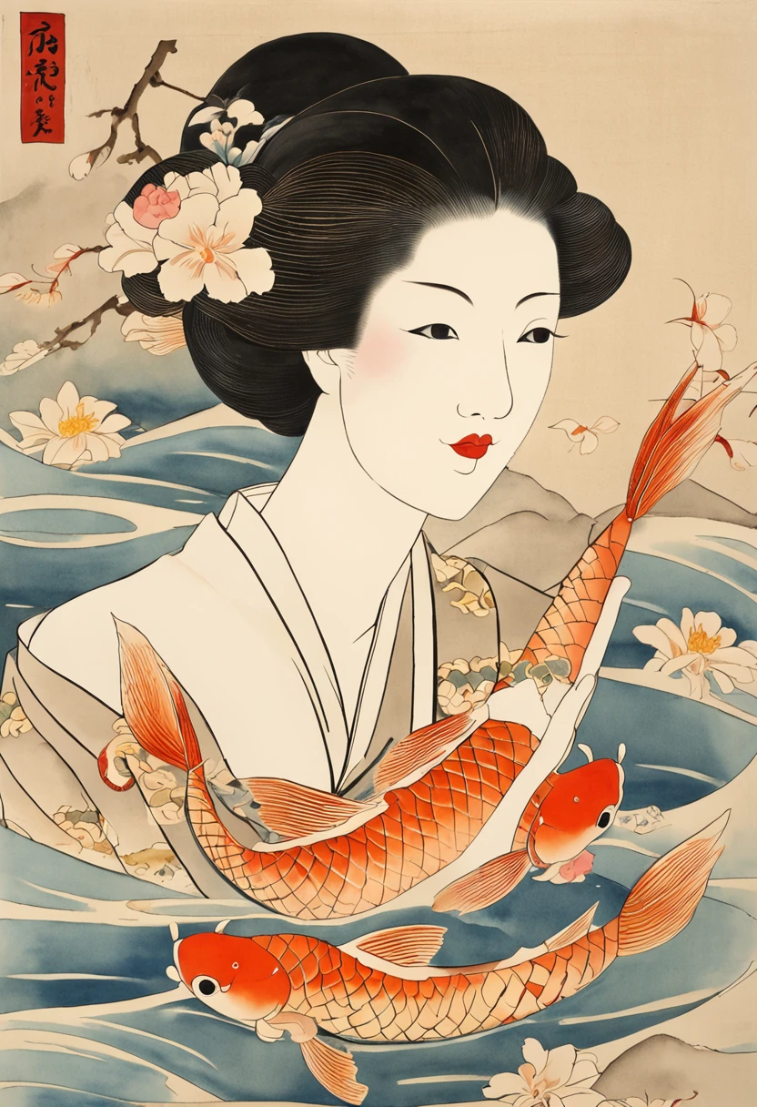 best quality, style of Kitagawa Utamaro, Ukiyo-e, a dancing woman, (floating koi fish), flying carp, swimming goldfish