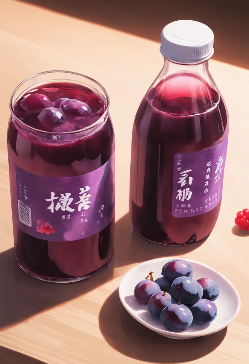 A close-up of a bottle of plum juice and some purple grapes, Product photography, drink, author:Ann Text, Product photo, jin shan, jinyiwei, zeng fanzh, purple liquid, colored milk tea, juice, author:Zhou Fang, 千 葉 雄 大, Refreshing, Lu Ji, author:Yi Yuanji
