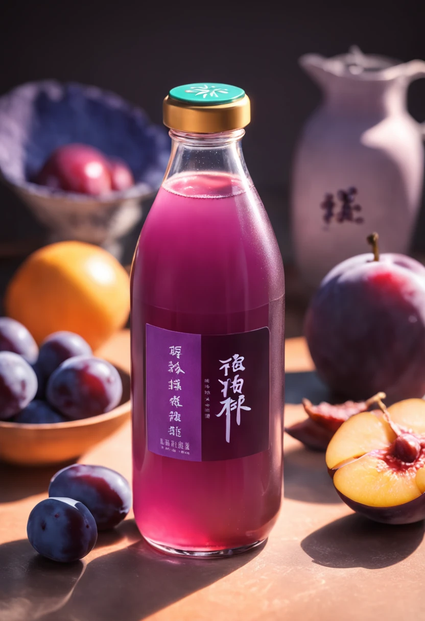 A close-up of a bottle of plum juice and some purple grapes, Product photography, drink, author:Ann Text, Product photo, jin shan, jinyiwei, zeng fanzh, purple liquid, colored milk tea, juice, author:Zhou Fang, 千 葉 雄 大, Refreshing, Lu Ji, author:Yi Yuanji