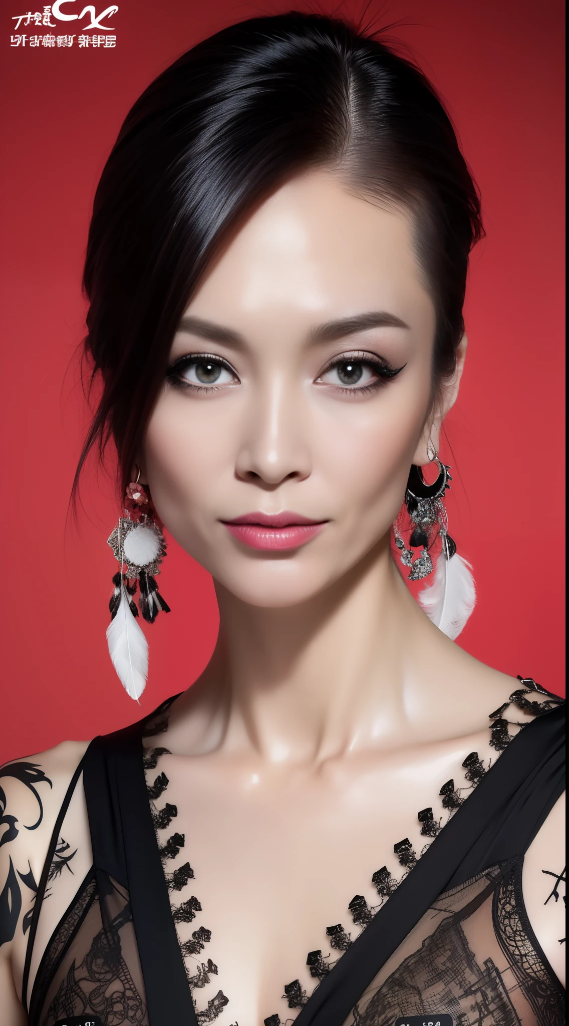 Create a generative painting (total ) that captures the unique beauty and complexity of punk-goth female full body without clothes ((absolutely )), asian eyes and nose, tribal feathers, tribal beads, tattoos, enamel, ceramic jewellery, trending on artstation, sharp focus, studio photo, intricate details, highly detailed, 32K resolution, perfect composition, perfect face, ultra detailed