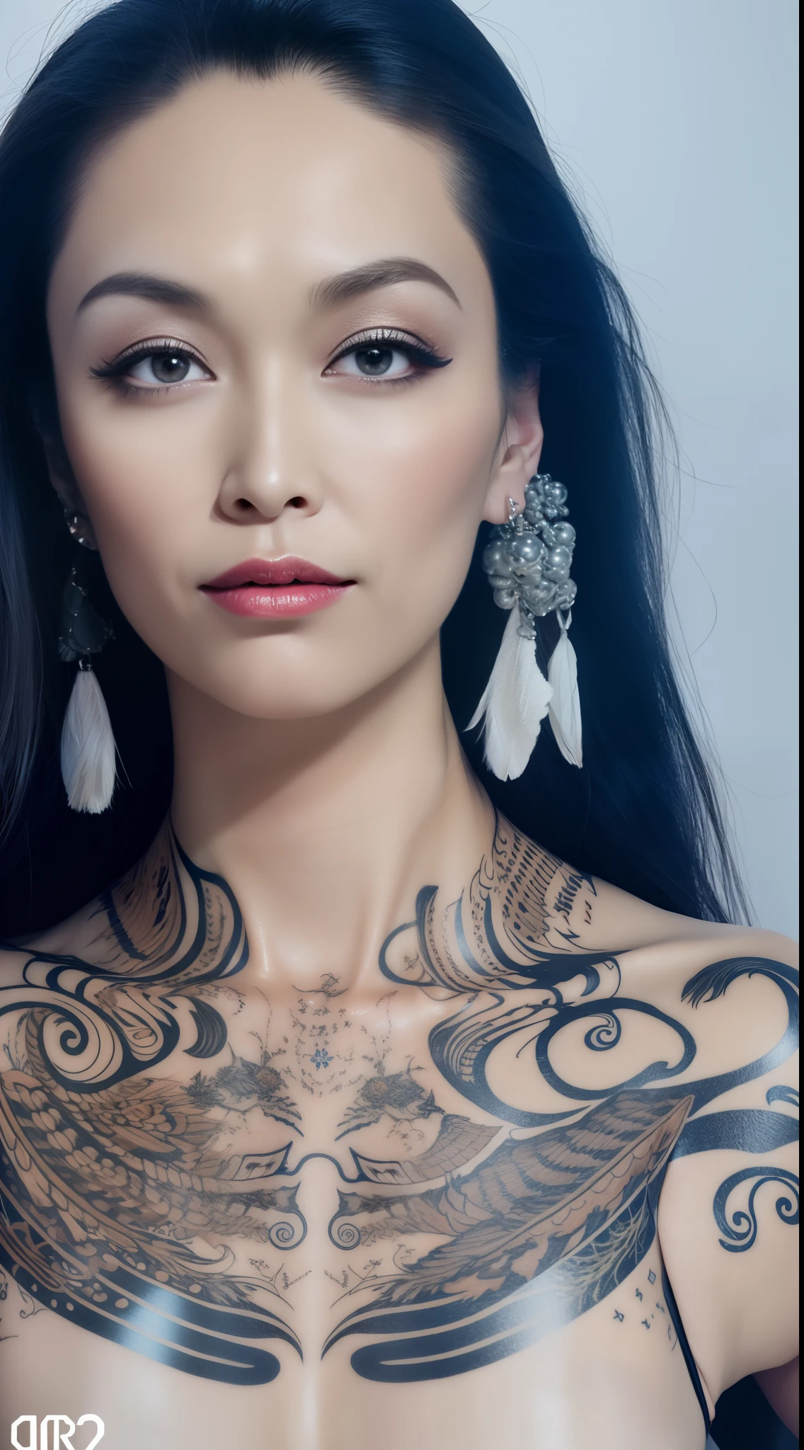 Create a generative painting (total ) that captures the unique beauty and complexity of punk-goth female full body without clothes ((absolutely )), asian eyes and nose, tribal feathers, tribal beads, tattoos, enamel, ceramic jewellery, trending on artstation, sharp focus, studio photo, intricate details, highly detailed, 32K resolution, perfect composition, perfect face, ultra detailed