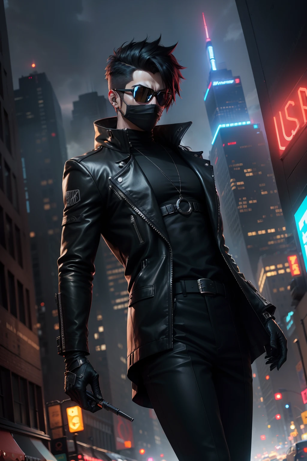 Low Angle Cyberpunk,animesque,Male number,newyork,manhattan,Fifth Avenue,black masks,Black clothe,Hikaru Sunglasses,Night city