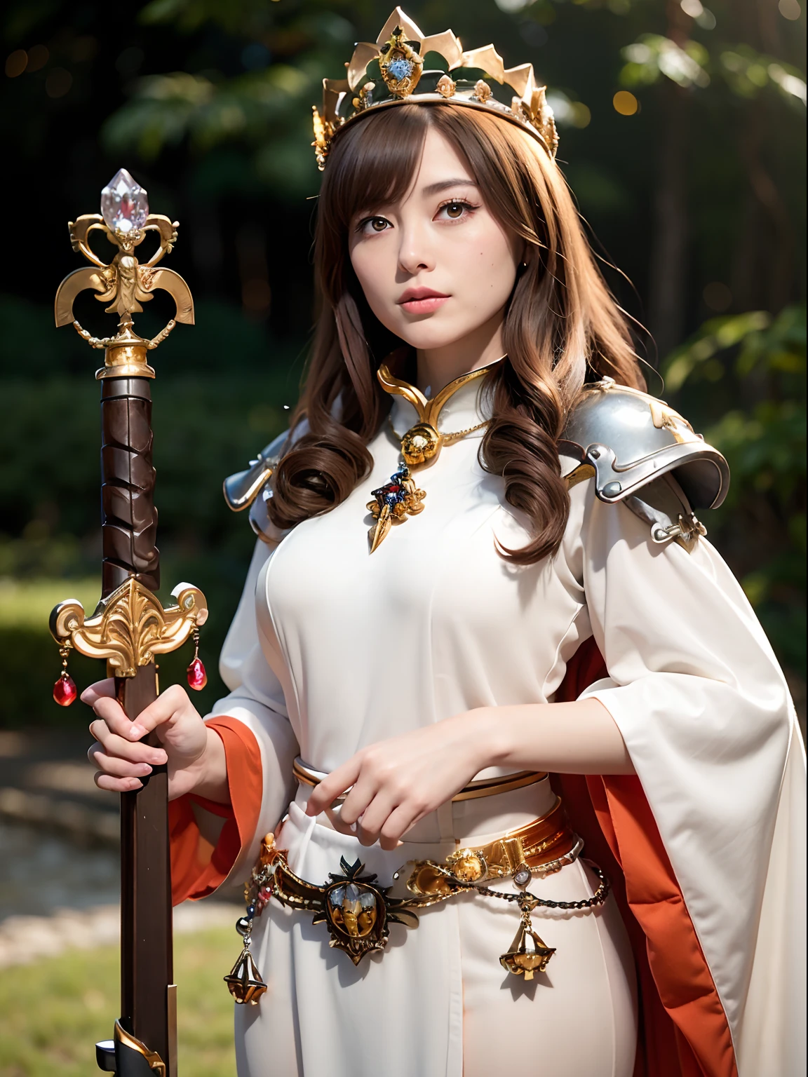 Professional , masterpiece、top-quality、photos realistic , depth of fields (Gemstone Silver Metal Body:1.9),(Matte Silver、Jewel Gold Weapon、(Gorgeous castle background)、(Jewel White Metal Body:1.4),((Gorgeous Jewel Metal Weapons)) , ((Holding the Sword of Heroes)) ,(close-up,dream magical,tornado ) ,(Micro Bikini Armor),warhammer 40k , adepta sororitas,Detail and ornate jewel crown、Brown hair、(Gangle's forest background)、1a person、dynamic ungle,(((Diamond tiara with detail and luxury)))、a small face、A smile、Powerful poses、(Gorgeous castle background)、huge filesize、20 year old beautiful woman、Stand in the center of the screen、Thin female fingers、Straight long hair、Beautiful Caucasian beauty、Mystical expression、Lightly open your mouth、,Luminescent particles,light scattering,Tindall Effect、Fighting、japanes、