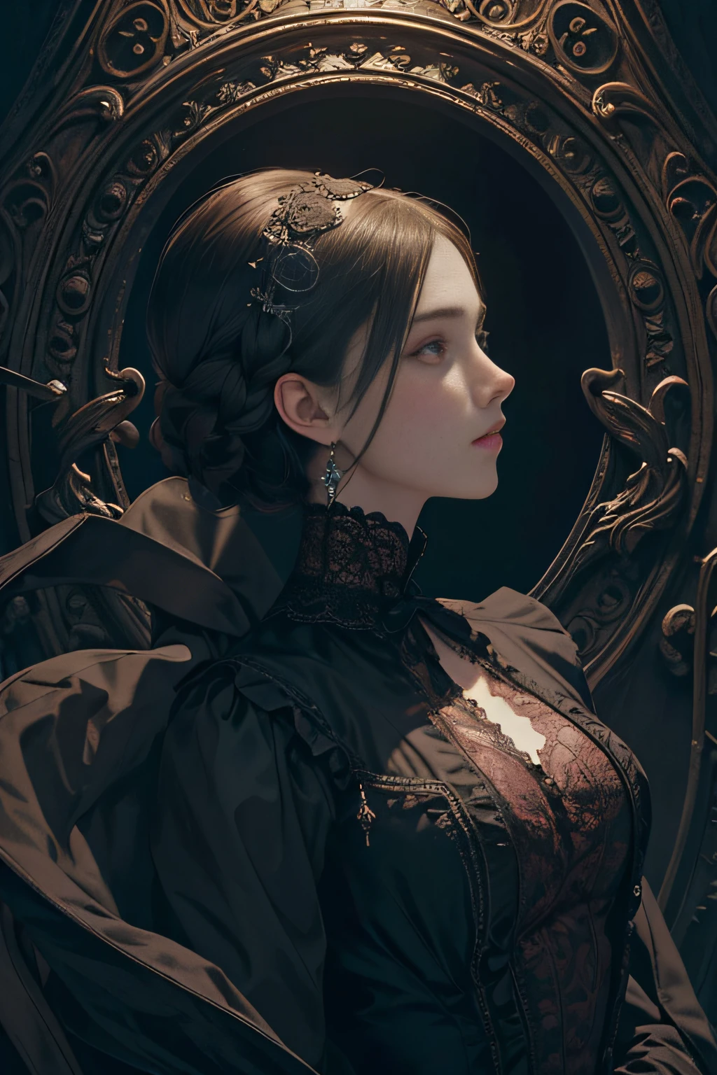 Official Art, Unity 8k wallpaper, super detailed, beautiful, beautiful, masterpiece, best quality,
darkness, atmosphere, mystery, romanticism, creepy, literature, art, fashion, victorian, decoration, intricacies, ironwork, lace, contemplation, emotional depth, supernatural,
1 girl, solo, neck, bust composition