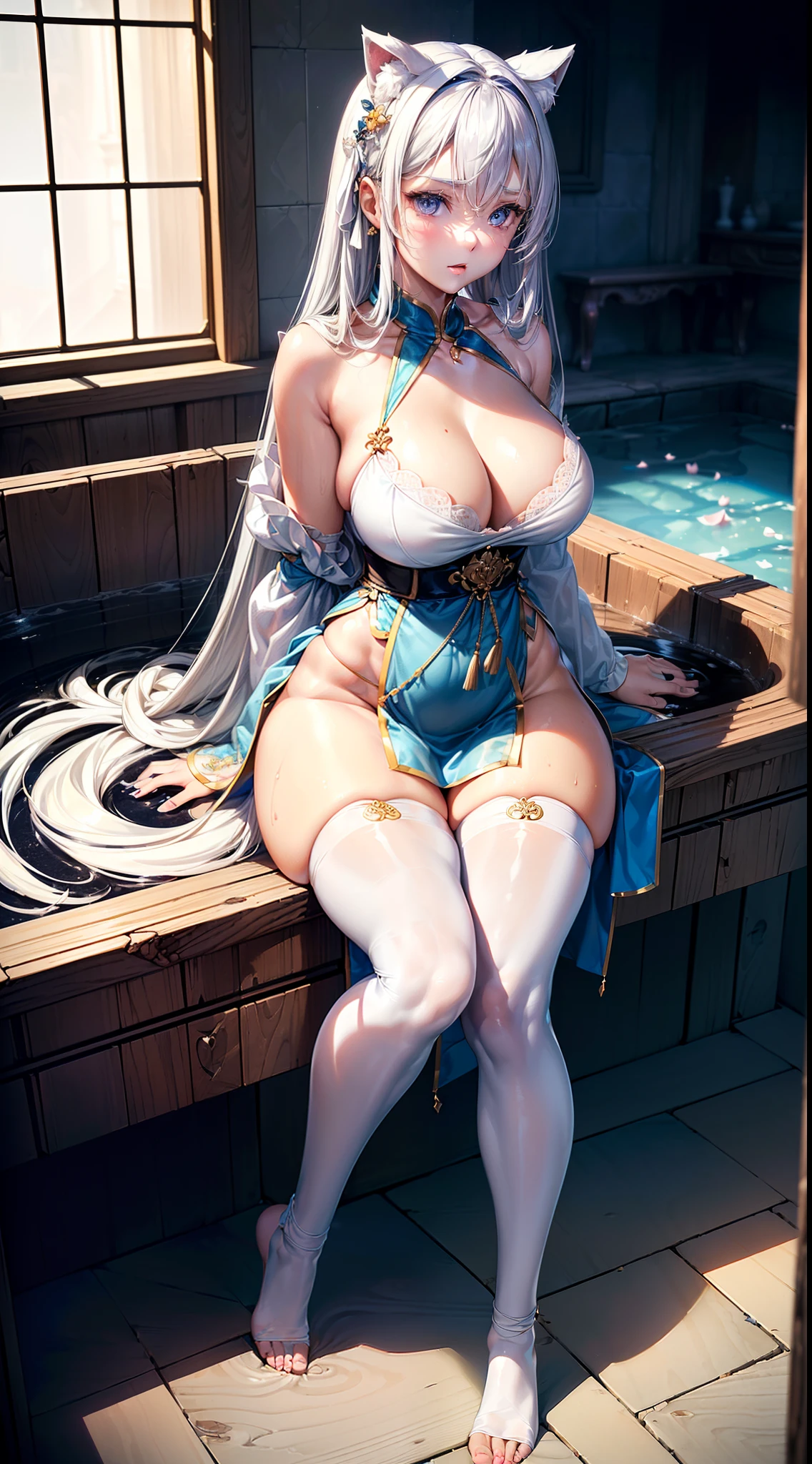 bautiful young woman，Flushing on the face。Beautiful Women in Perfect Figure：1.ide shooting，Walk gracefully in the bathtub，(Portrait),(middlebreast:1.0),(cle1), (Aesthetics),(Facial focus)，（（1个Giant Breast Girl traching，Bare body, Slender and slender legs，detailedbackground（Bedrooms），（（Silvery hair）），revealing outfit，bare full body，Bare private area，（（Silvery hair）），（Fluffy silver hair，plump and slender girl）（white bathrobe）Stretch your legs，Barefoot，（Slim waistline：1.1） slutty, (2girls),((revealing attire)),（ hindquarters）， (on the floor on all fours，lies on the ground，(Dog ears）(thighs thighs thighs thighs:1.5)、Beautiful curves。((Slender beautiful legs))，(Strangle)。White waist-length hair，His face flushed，white hair ribbon，bare shoulders​。 pitying， cute little ，seductiv，Raised sexy。Love appearen her face。Beautifulcollarbone。Snow-white skin。realisticlying，超A high resolution，复杂，ultra - detailed，adolable，femminine，（详细的脸：1.0），（contoured iris），（Hidrocor lens），（perfect  eyes），Moles under eyes, Heart-shaped pupils，Love pupils，4K，big breasts beautifuiece： 1.2), (best qualtiy:1.2), , Wide hips, slutty, ((Slim, Slimming the waist:1.3)), Ancient hairstyles,((huge pelvic)), ((White skin of the)), ((Flushed complexion)),((Raised sexy)）Best quality, Detailed lacape, Shiny skin, ((Extreme hourglass figure))。fully body photo。hyperrealistic full figure, 23-year-old girl, Black eyes。Eyes are confused，Eyes seductive，((The action is charming))。Best quality at best，woman，tmasterpiece，high detal，Semi-realistic，Hanging ear bangs，21yo，Waist length hair,mature，年轻，Delicate facial featuresl features，plumw(1 girl:1.3)ulzang-6500-v1.1,(RAW photo:1.2), (Photorealistic:1.4), Beautiful Meticulous Girl, very detailed eyes and faces, Beautiful detailed eyes, absurderes, unbelievable Ridiculous, hugefilesize, ultra - detailed, A high resolution, The is very detailed，best qualtiy，tmasterpiece，kemomimi，illustratio，The is very detailed，CG，unified，8k 壁纸，Amazing Cleavage，