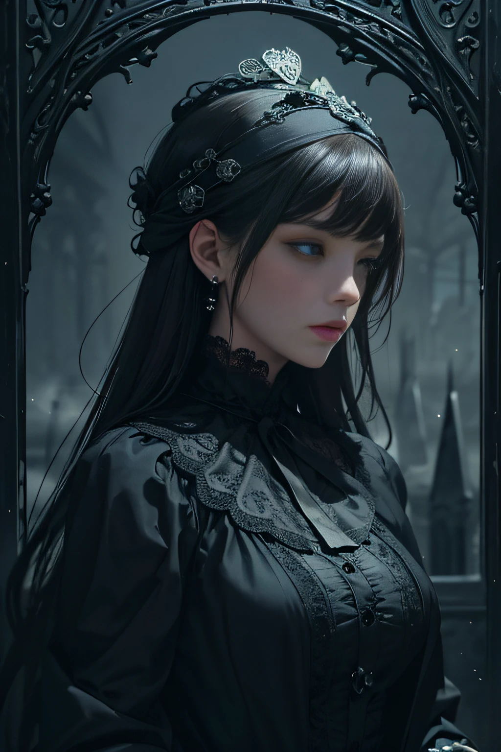 Official Art, Unity 8k wallpaper, super detailed, beautiful, beautiful, masterpiece, best quality,
darkness, atmosphere, mystery, romanticism, creepy, literature, art, fashion, victorian, decoration, intricacies, ironwork, lace, contemplation, emotional depth, supernatural,
1 girl, solo, neck, bust composition