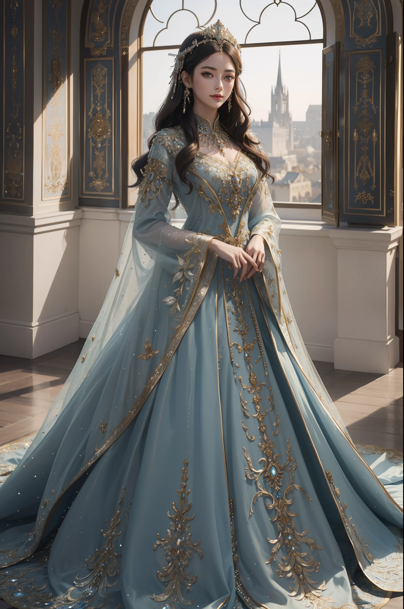 Full body、((top-quality、​masterpiece、in 8K))、Beauty 1 person、delicate and beautiful face、extremely detailed eye and face、beatiful detailed eyes、18year old、（Glamorous luxury dresses）、Beautiful long hair、Elegant smile、（Walk gracefully through the castle）、ornate headdress、Pedras preciosas、Luxury accessories、European-style castle、Cinematic lighting、Textured skin、Super Detail、high detailing、High quality、hight resolution、Medieval European style、Pedras preciosas、looking at viewer、Elegant smile、full body、europian、window