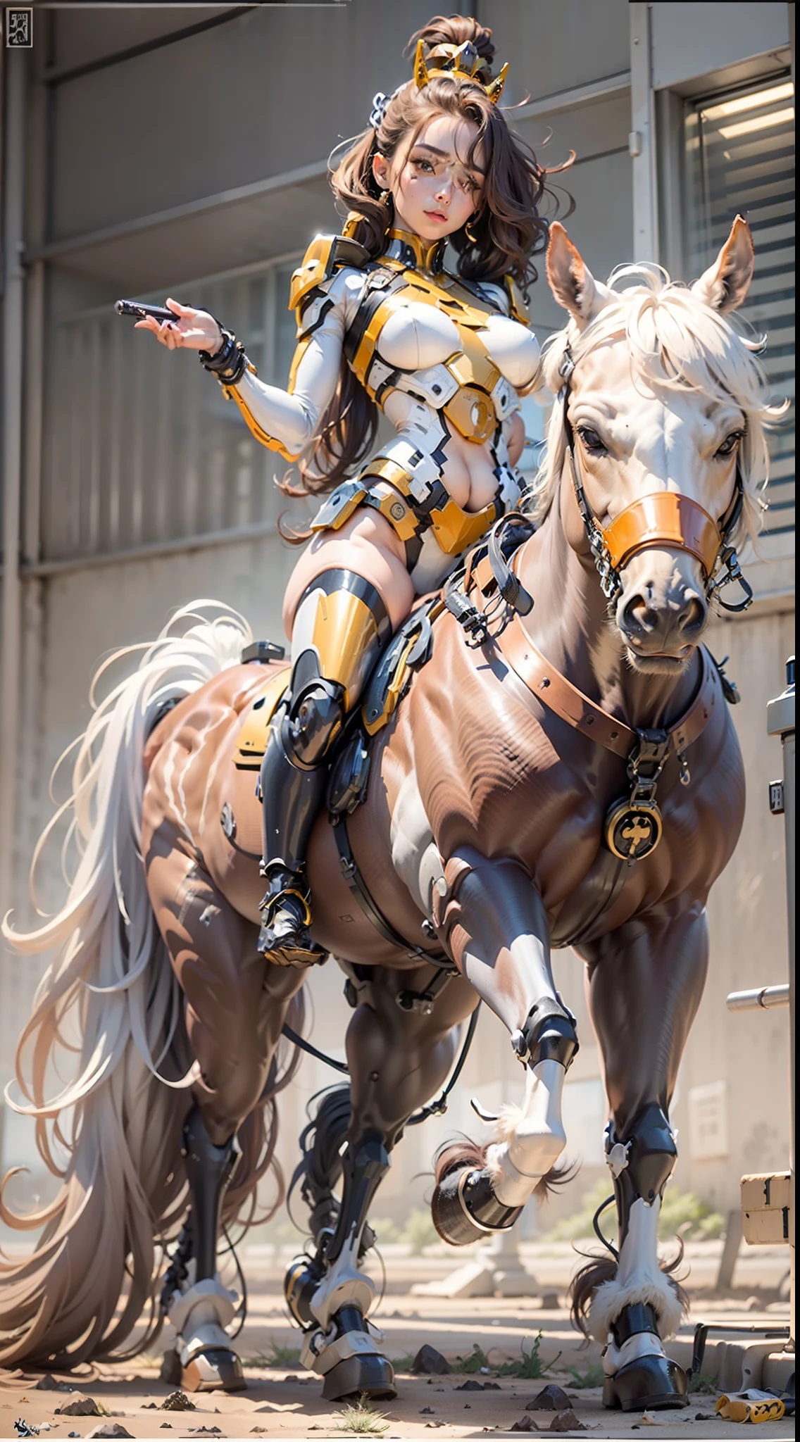 （A female centaur：1.5），She is both（Female: Centaur, half human, half horse, half horse, half horse：1.5），It is also a female Yingzhao。She blends both images，The first is：（（The head of the horse/neck/Shoulder these parts，Replaced with a beautiful female human upper body）：9.9），'s（Female, half-centaur, half-human, half-horse, half-human：1.5），The second is：（（The head of the horse/neck/lower back/hason/gluteal/Shijo Thigh Female Embodiment）：9.9），'s（Seamless chimera of a female half-horse with a beauty：9.9），（It's like a chimera of a female human and a half-horse costume：9.9），This chimerism is based on a strong future（Technologie：1.5）above。The ultra-wide-angle lens captures the image of her beautiful and ethereal wings on the ionosphere launching a super-high-speed charge and leaping。Her front half is distinctly feminine，Tall sexy body，possessed（K cup giant coconut tit chest：9.9），Has（Narrowed small brute waist 5.5）、Butterfly cross、（Long legs：9.9），The embedded interface of the bent female metamorphosis part of the back half of the body is at the hip position of the front half of the body。（The horse-shaped, half-horse torso form of her back body is completely female humanization9.9）。Translucent fluid flowing from the（Narrowed sternum 5.5）The upper end begins to embed the chest cavity of a woman in the shape of a bent dog style at the back of the beautiful woman's body/lower back/Ventral transverse。Then there are the sexy beauty's upright hips，（Her entire body has been completely female and replaced by a female body：9.9），Including the half-horse part。Mechanized armor covers the legs with knee-shaped anti-joints and feet，And these parts are highly anthropomorphic，This makes her legs graceful and slender，Her four horse legs exploded in length proportions and was slender and toned，Under the legs are skinny white feet dressed in Skyscraper Heels，Use Midjourney's advanced stroke tools and color palettes, as well as texture packs, model packs, and texture tools，Concentration，Include