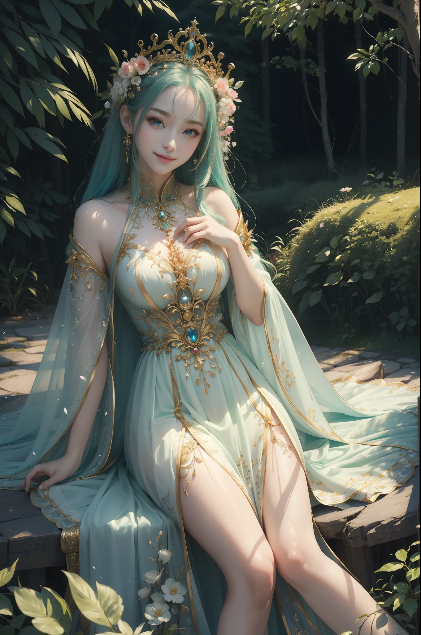 ((top-quality、​masterpiece、photographrealistic:1.4、in 8K))、Beautuful Women、Beautiful expression、extremely detailed eye and face、beatiful detailed eyes、Leprechaun、（Mysterious white dress in European style）、Beautiful feathers、（In the forest of dawn、Fairy princess wearing a crown of flowers、Draw the beginning of a new day。Her smile and the vibrant nature around her、Creating beautiful harmony。）、Cinematic lighting、Textured skin、Super Detail、high detailing、High quality、hight resolution、Looking at Viewer、Elegant smile、Full body、