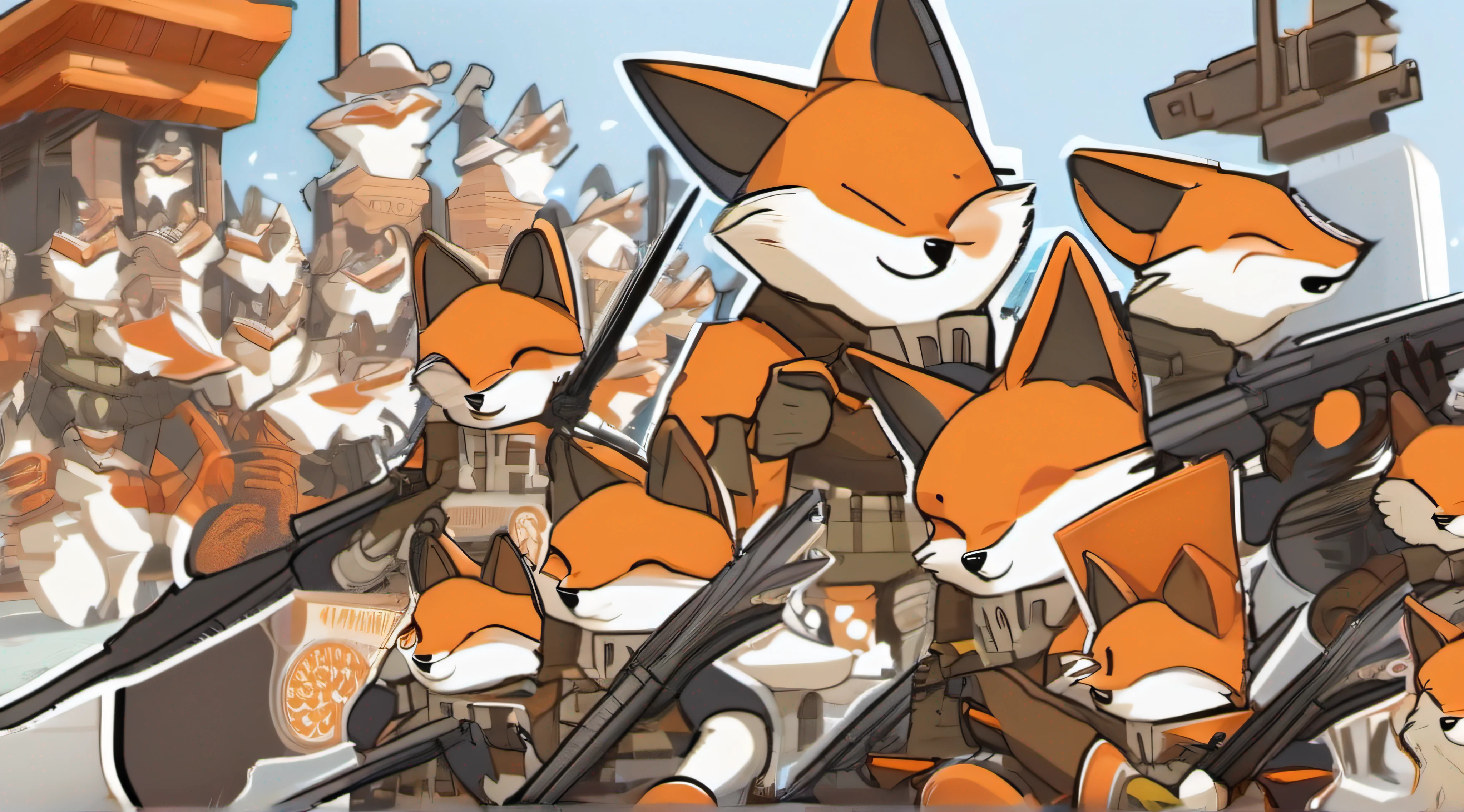 Orange armed fox and white armed fox and brown armed fox、Many henchmen soldiers chum