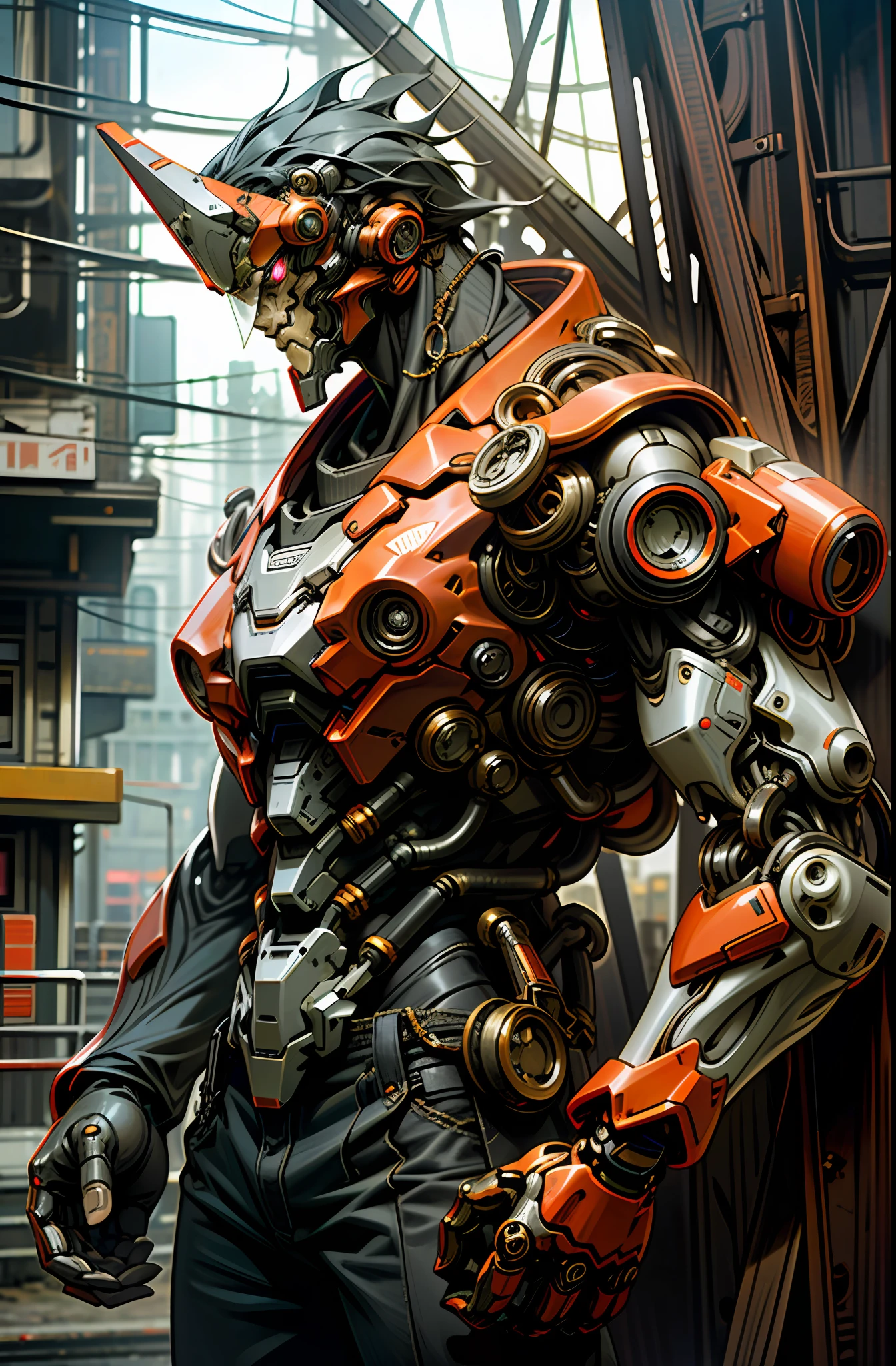Dark_Fantasy,Cyberpunk,(chain saw,chain saw man,Red:1.1),1man,Mechanical marvel,Robotic presence,Cybernetic guardian, wearing a worn-out mech suit, intricate, (steel metal [rusty]), elegant, clear focus, shot by greg rutkowski, soft lighting, vibrant colors, masterpiece, ((street)), cowboy shot, dynamic pose,