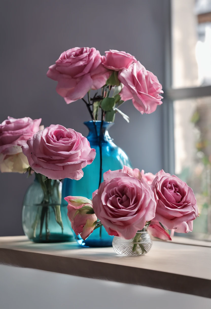 There is a light solid wood table,The table leans against a white wall,A rose flower is placed in a purple transparent vase,The roses are a beautiful light blue,A purple transparent vase is placed on the table,The line of sight is at table level,The line of sight is facing the vase,There is a third of the water in the vase,Sunlight shines obliquely from the window on the right,At a seventy degree angle to the light-colored solid wood tabletop,Except for the tables around、rosette、vases、There is nothing other than the window,Presents warm colors。