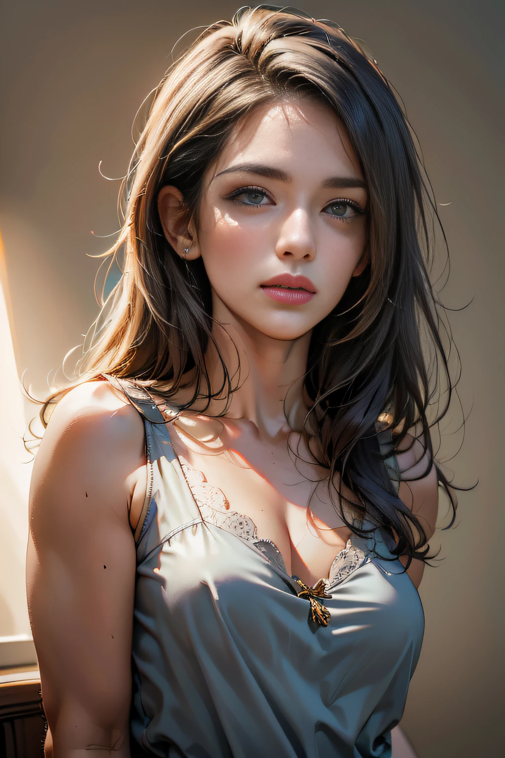 (1813271145), (Masterpiece:1.2, Best quality), (Very detailed face, Real pictures, Realistic skin, Realistic body, Complex details), (1lady, Solo, Upper body, mature), Appearance: Gray eyes,Dark hair