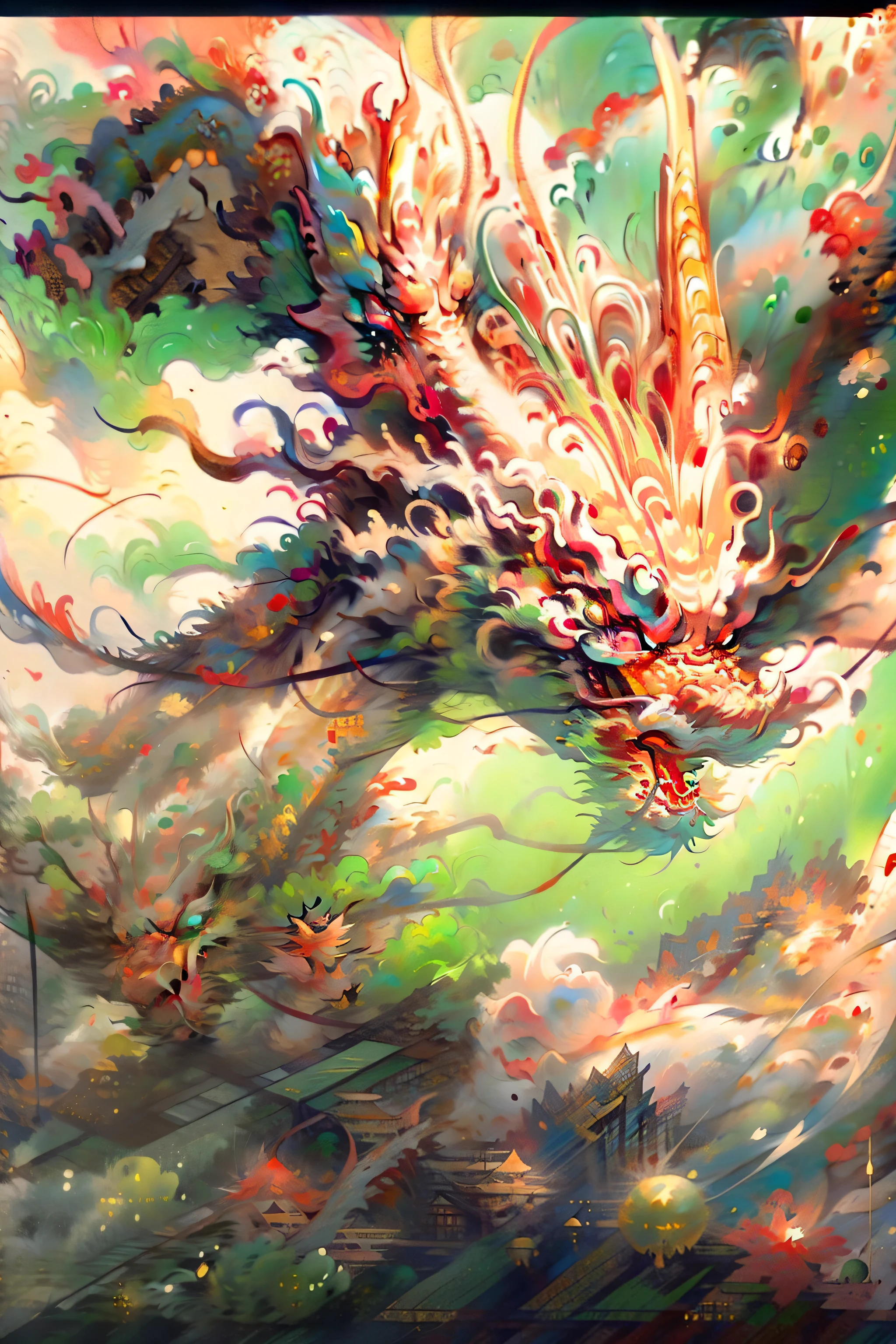 Best quality at best,tmasterpiece,超高分辨率,without humans,(The long:1.2),without humans,red eyes,horn,Huge body,with her mouth open,Skysky,Fang,Yellow and green Chinese dragon,surrounded by cloud,teeth,dragon claw,flight,Better flight attitude form,rich details,Intricate Painting,The style is Chinese Dunhuang painting
