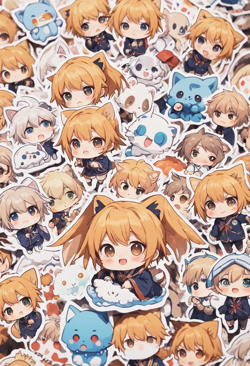 Close-up of a bunch of stickers,There is a different photo of a boy on it, a sticker, unused sticker sheet, Kawaii chibi, kawaii cutest sticker ever, Cute kawaii boy, Cute anime, Chibi anime boy, water color nendoroid, Cute anime style, Soft anime illustration, Anime moe art style, lovely art style, anime chibi, Moe anime boy, Cute anime cat