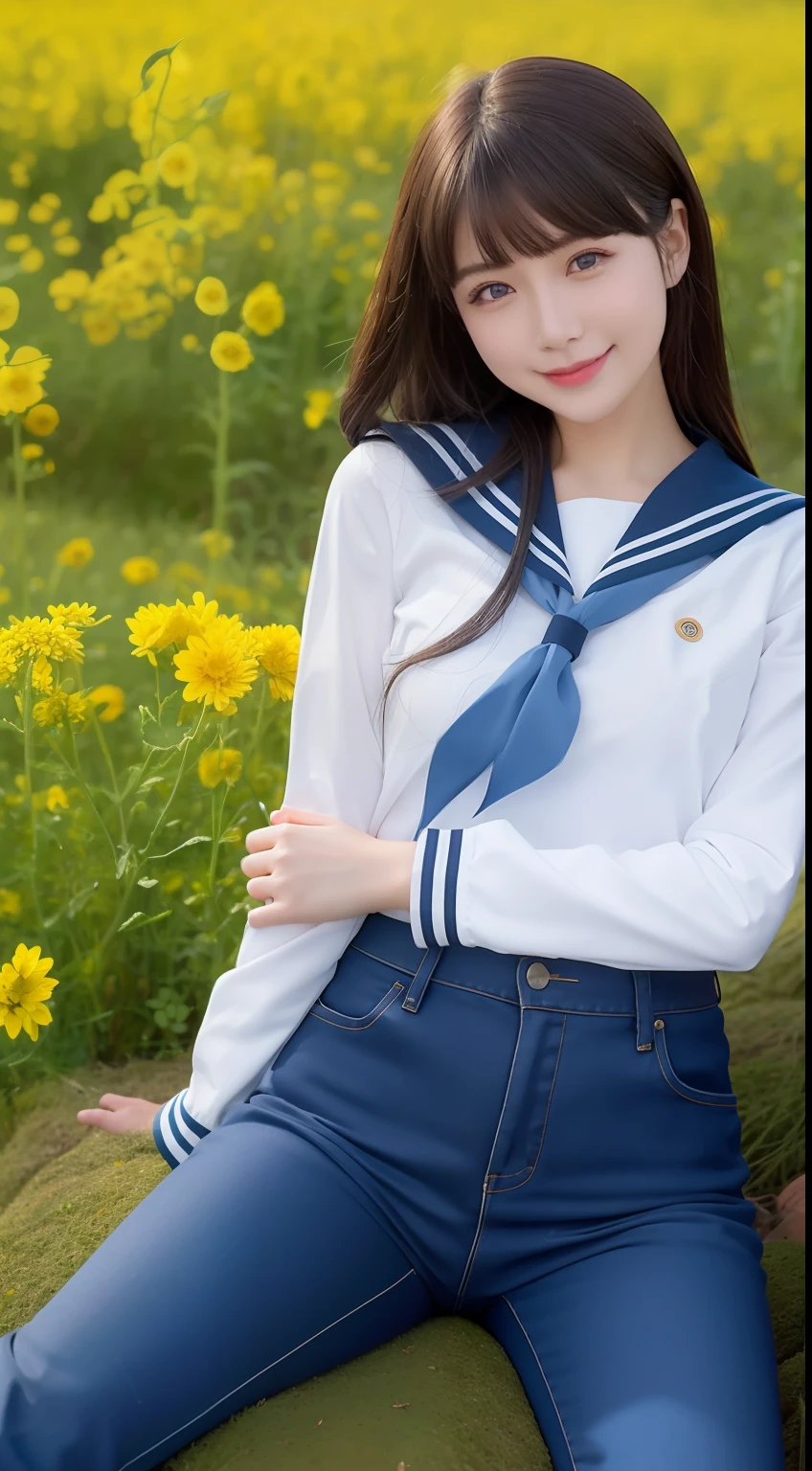 A smiling girl，Wear a tight sailor suit，denim pant，Lying on a large mossy rock in the middle of a field of rape flowers，com rosto detalhado，The eyes are delicate，The photo quality is the best，Realistic image quality，Background diffuse lighting，Depth of field display。