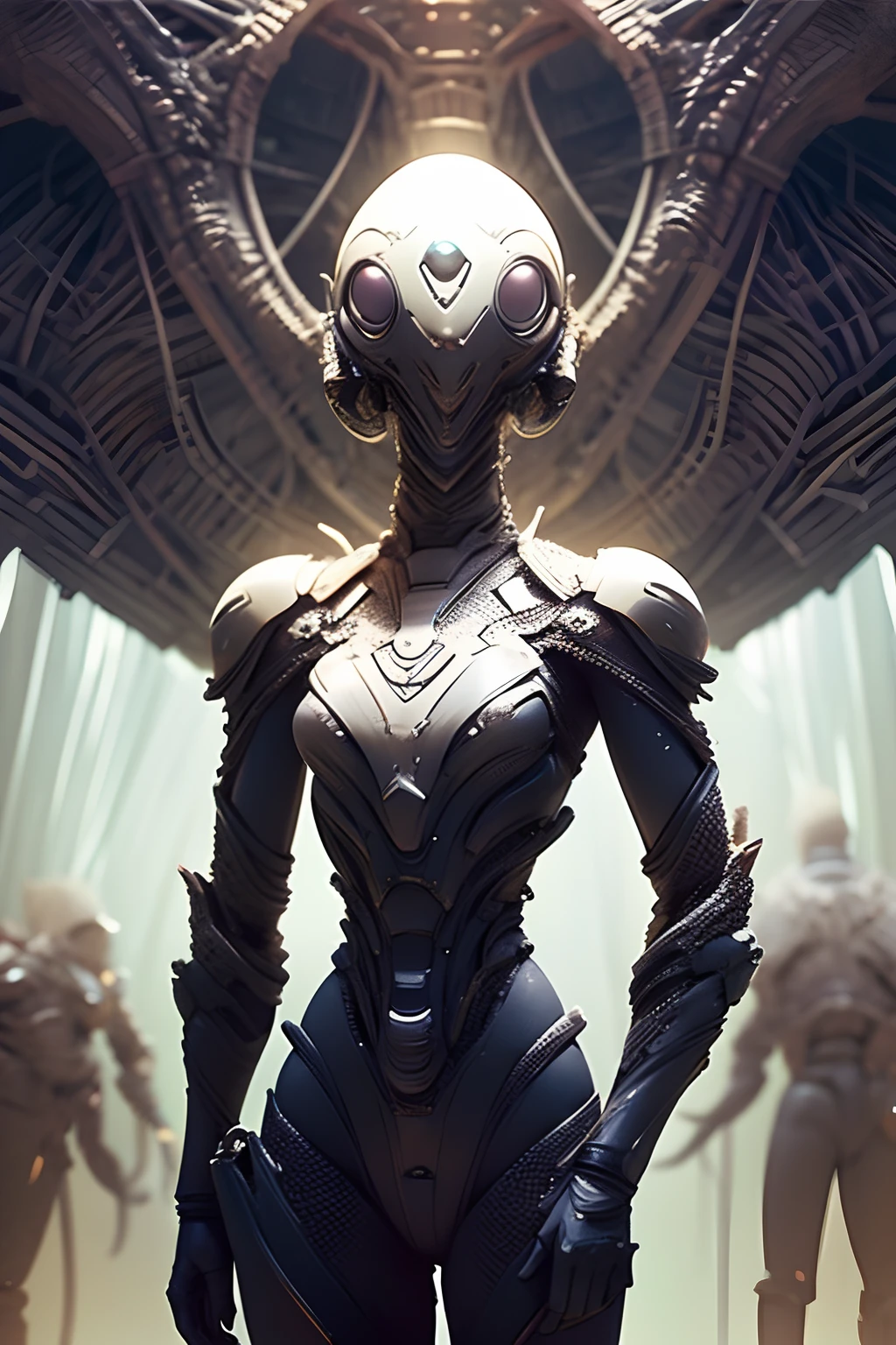 A female character, dressed in an alien armor, immersed in a Lovecraftian atmosphere and creatures