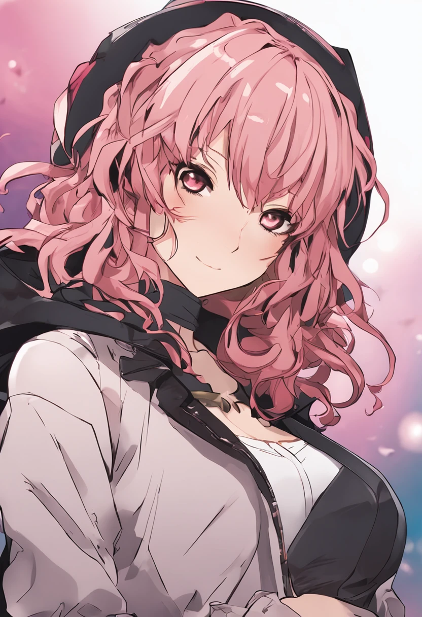animemanga girl,Short long hair and black jacket looking to the right, honest, Shinkai sincerely, She has short pink curly hair, Shinkai Makoto style, New Xiangcheng, kentaro, tomohiro shimoguchi,k hd,