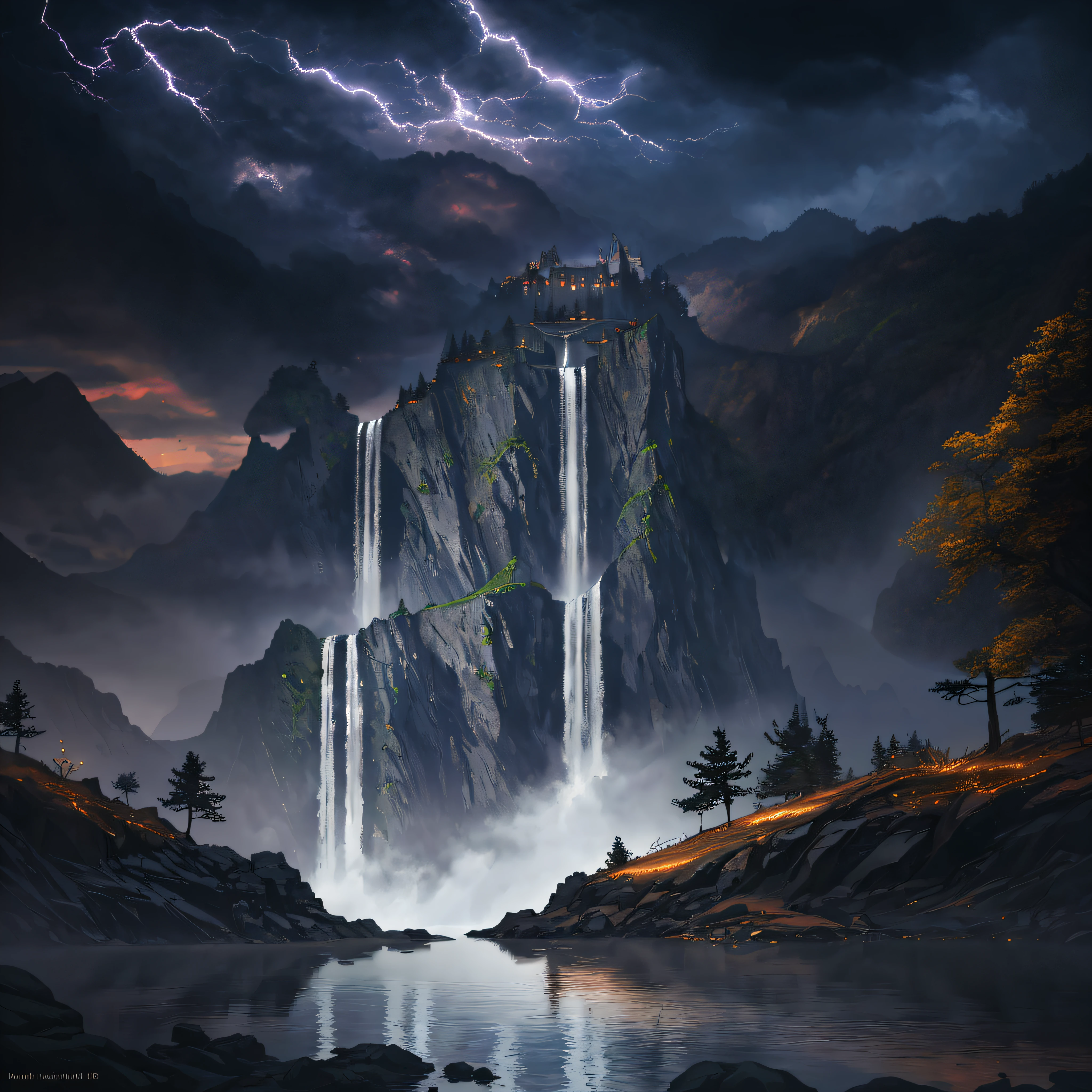 There is a waterfall in the middle of the mountain，There is a road to the top of the mountain，There is a lake on the winding road, Chaotic dark sky，with dark clouds in the sky，Lightning，The clouds are thick and dense，huge waterfalls, Rushing waterfalls, ryan dyar, Beautiful art UHD 4 K, 8K stunning artwork, stunning digital painting, background artwork, 8k resolution digital painting, 8 k resolution digital painting, 4k digital painting, 4 k digital painting, beautiful digital painting