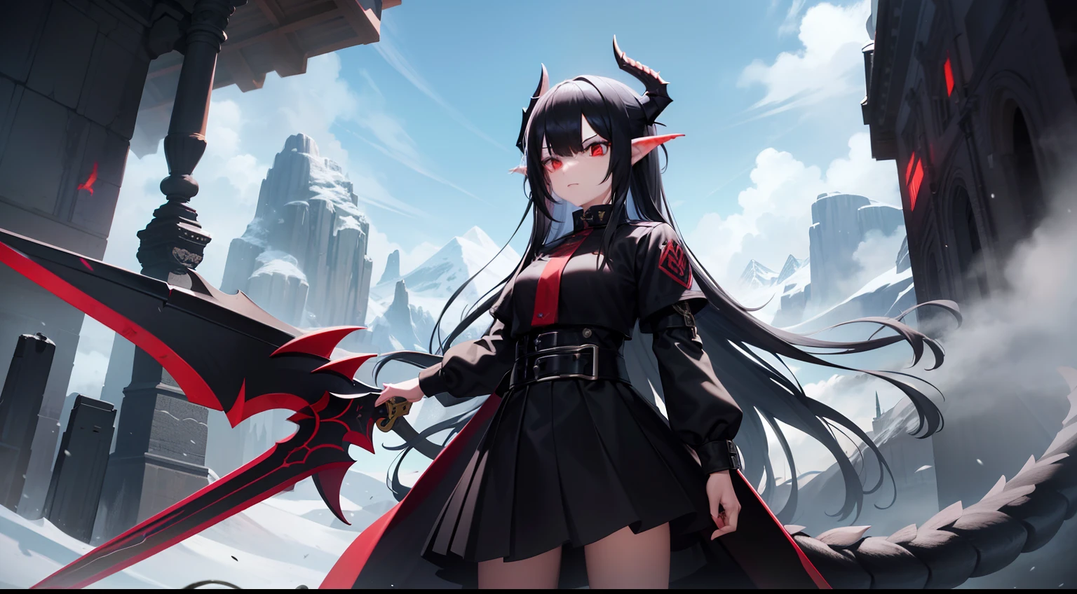 black color hair,s girl,Blood-red eyes,Holding a giant sword,There are dragons flying in the sky,Behind you is a huge snow-capped mountain,Villain looks